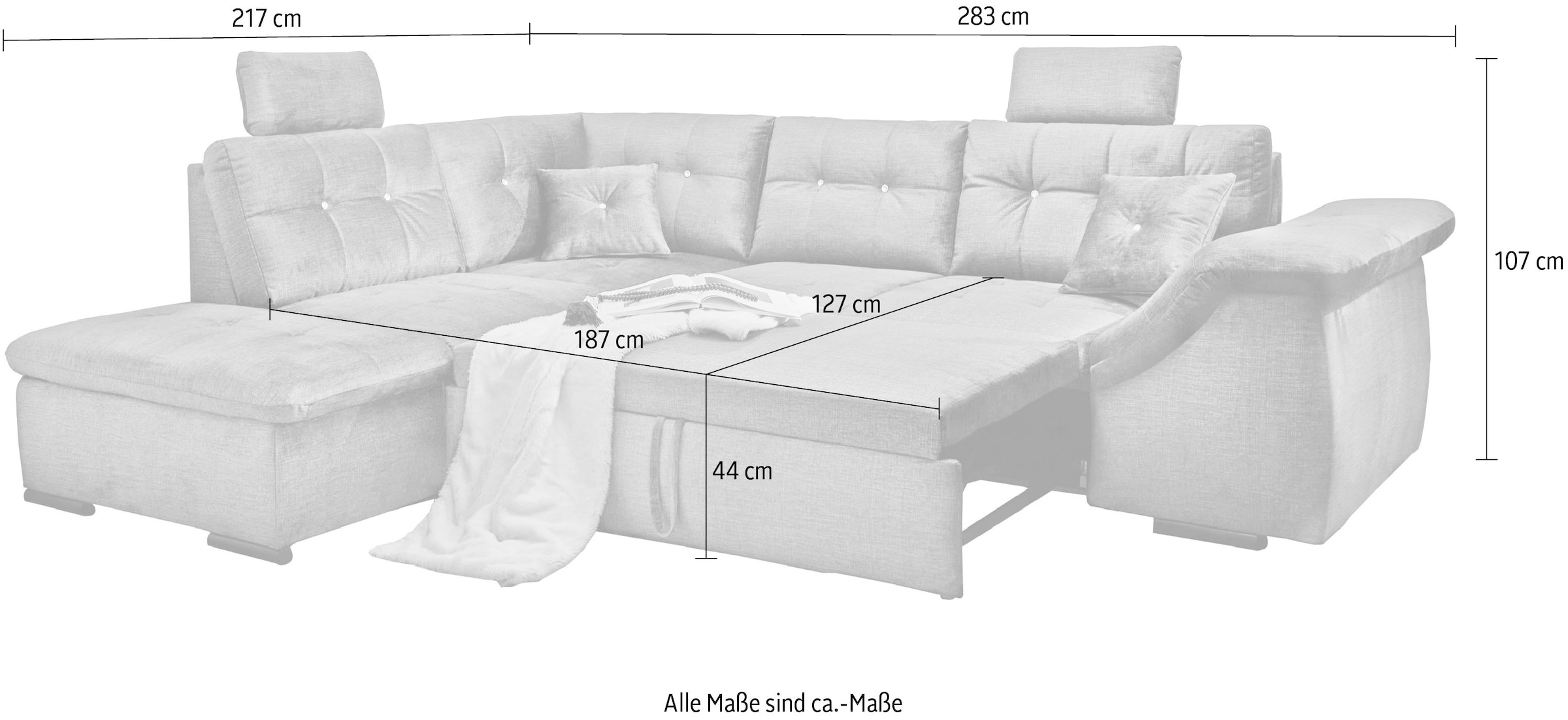 ED EXCITING DESIGN Ecksofa »Bolonia L-Form«, mit Bettfunktion, Bettkasten, Kopfstützen & 2 Zierkissen, Strasstein