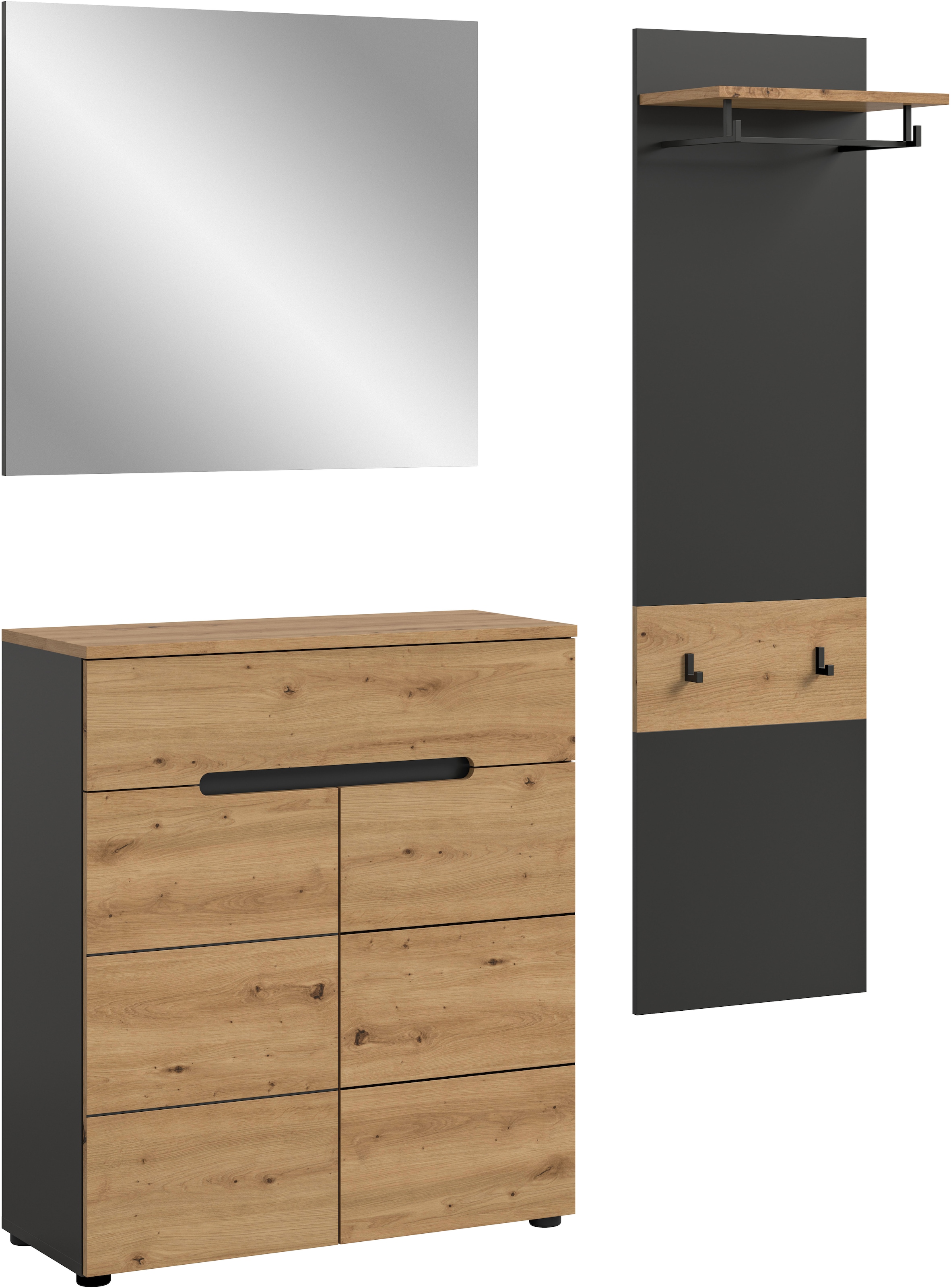 Home affaire Garderoben-Set »REHAT, TOPSELLER!, 3-teilig, Breite 140 cm, individuell erweiterbar« Set, bestehend aus: Kommode, Spiegel und Garderobenpaneel, 3 Stk. tlg.