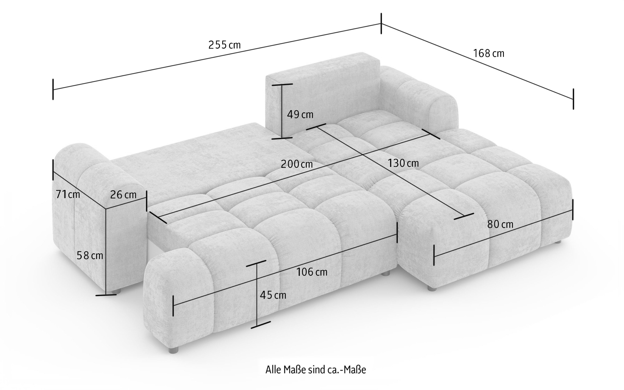 GOODproduct Ecksofa »FINNOX Schlafsofa, Bettkasten, komfortables Sitzgefühl, Breite 255cm« Liegefläche 130x200cm, inklusive Rückenkissen, moderne Steppung