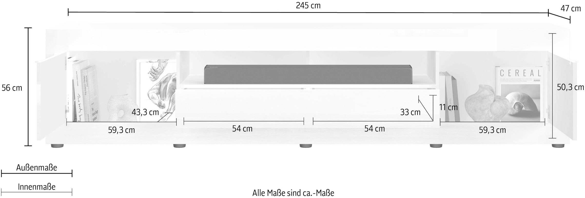 Home affaire Table basse »Basic, 245 cm breit, 47 cm tief, 2 Türen, 1 Schubkasten, Medienboard« Modernes Lowboard für bis zu 98-Zoll-TV – perfekt für die WM