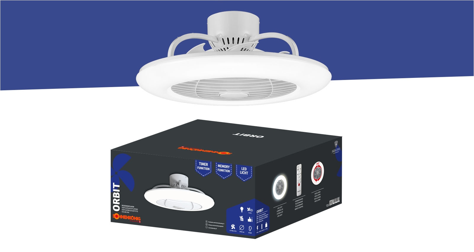 Sonnenkönig Deckenventilator »Orbit, Leistung 75W, Laufruhig, 1 / 2 / 4 h Timer, Fernbedienung«, 3 Stufen, Memory Funktion, LED-Licht in 3 Stufen