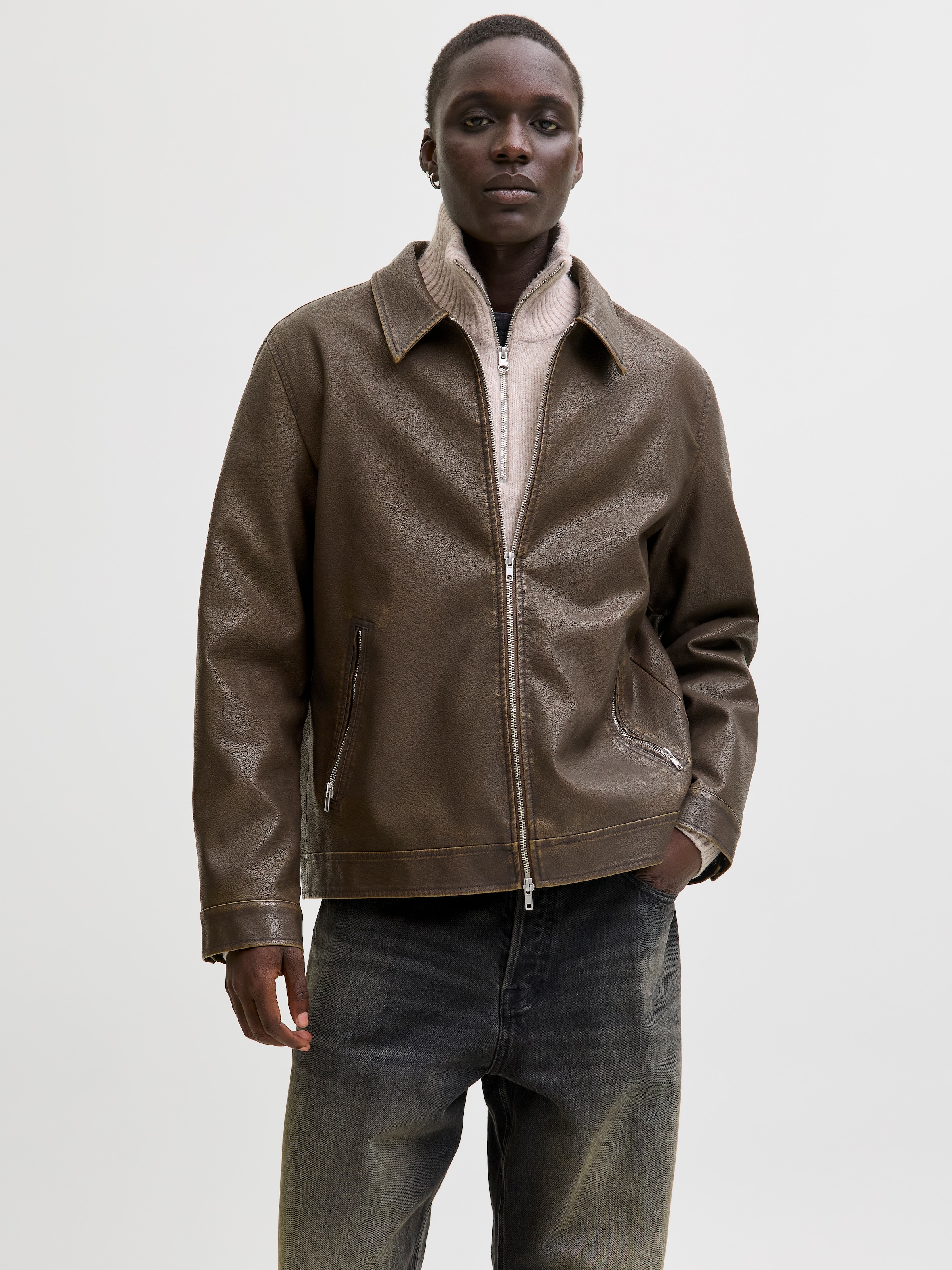 Image of Jack & Jones Bikerjacke "JJECASABLANCA PU JACKET NOOS" ohne Kapuze mit Fronttaschen