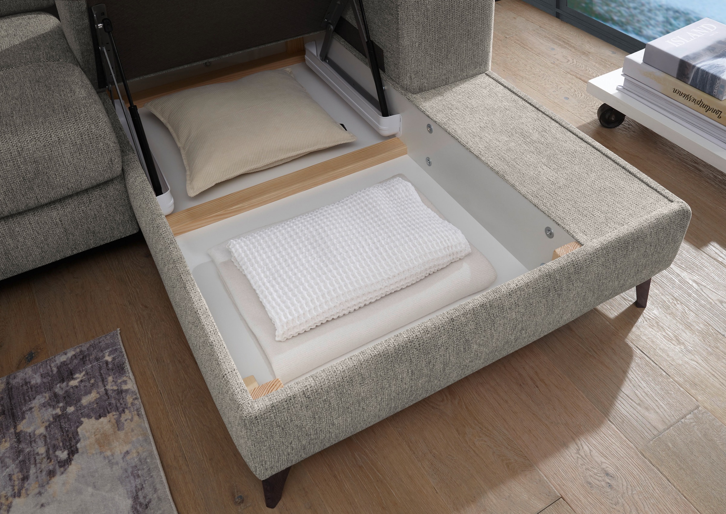 ED EXCITING DESIGN Canapé d'angle »Sydney L-Form mit Bettfunktion, Bettkasten, Kopfteilverstellung« motorischer Sitztiefenverstellung, USB-Port & 2 Zierkissen