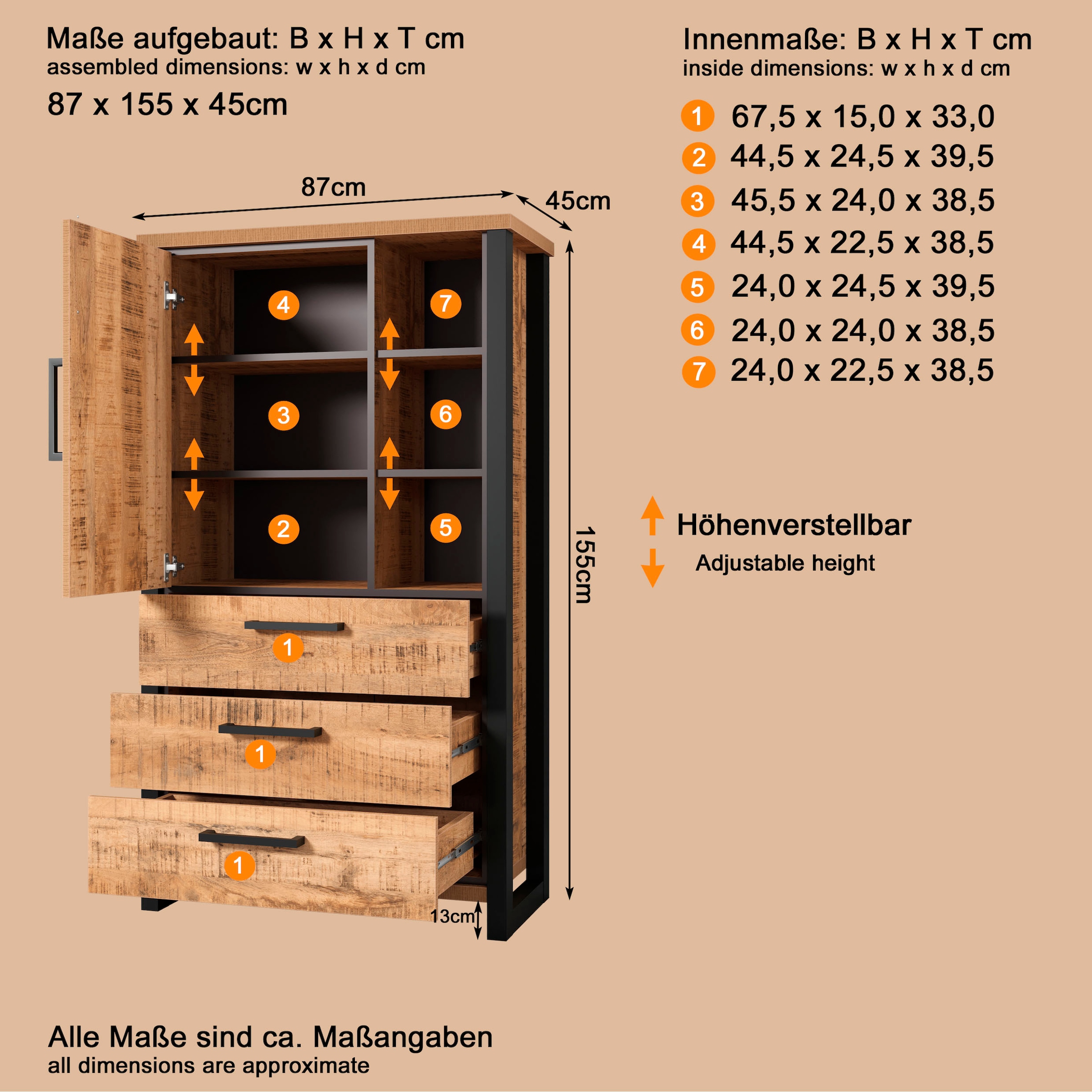 Home affaire Buffet haut »Elda« 1 cuis tlg. Vitrine mit 1 Tür & 3 Schubladen mit Vollauszug – (B/T/H) 87/45/155 cm
