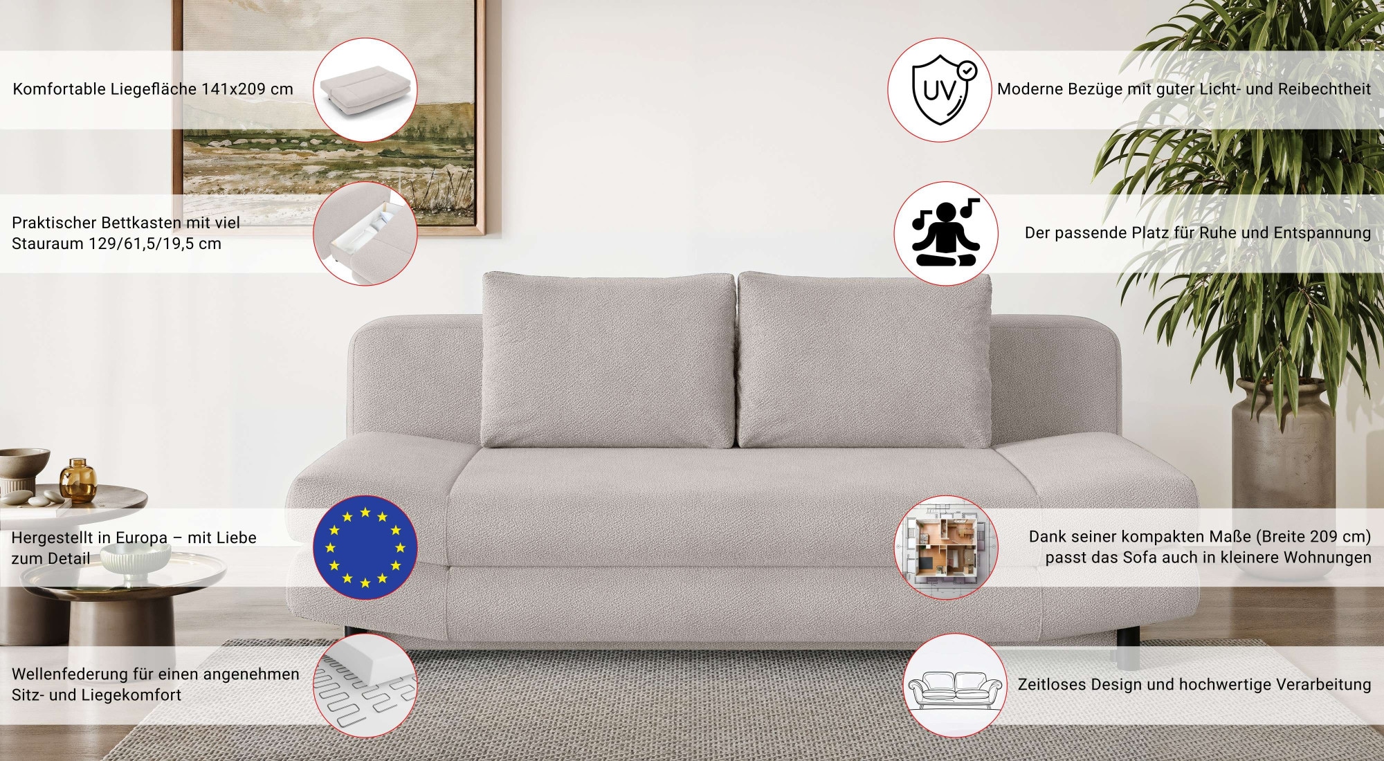 Home affaire 3-places »LENNARA Schlafsofa mit Bettkasten, Masse B/T/H: 209/96/86 cm« Sofa mit Wellenunterfederung, hoher Sitzkomfort