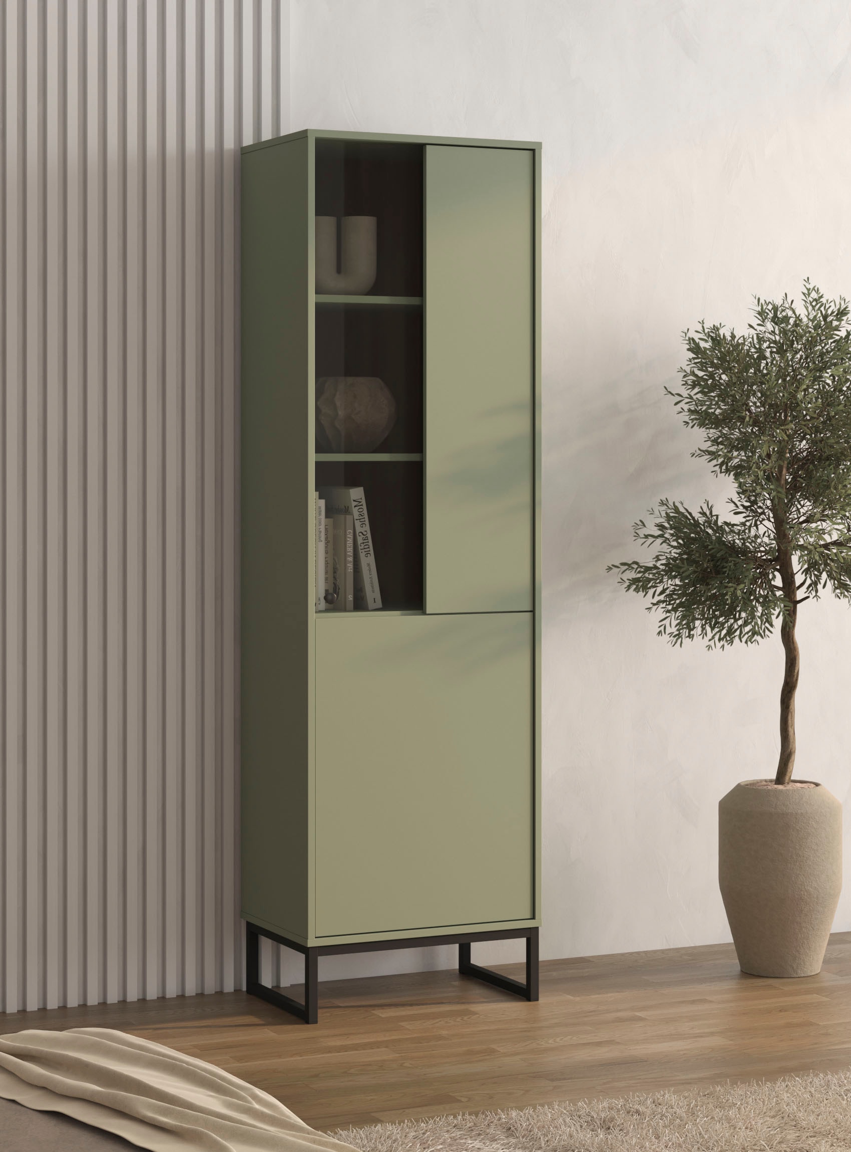 GOODproduct Vitrine »Loft, Höhe 180 cm, moderne Standvitrine mit 2 Türen, Metallkufen« Hochschrank mit viel Stauraum, Glastür und verstellbaren Einlegeböden