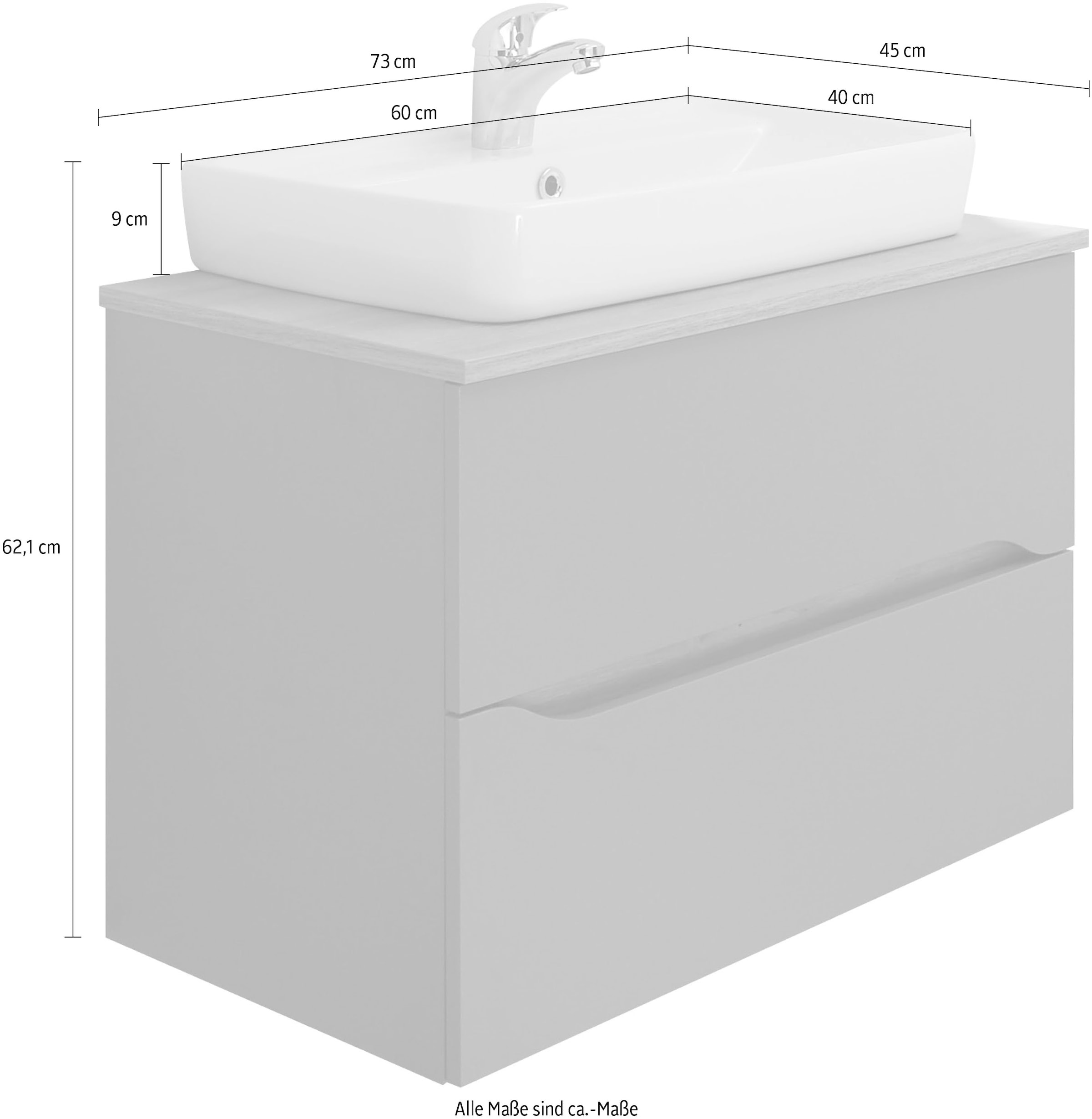 Saphir Waschtisch »Quickset Keramik-Aufsatzbecken mit Unterschrank, 73 cm breit« Waschplatz, Unterschrank mit Waschbecken, 2 Schubladen, grifflos