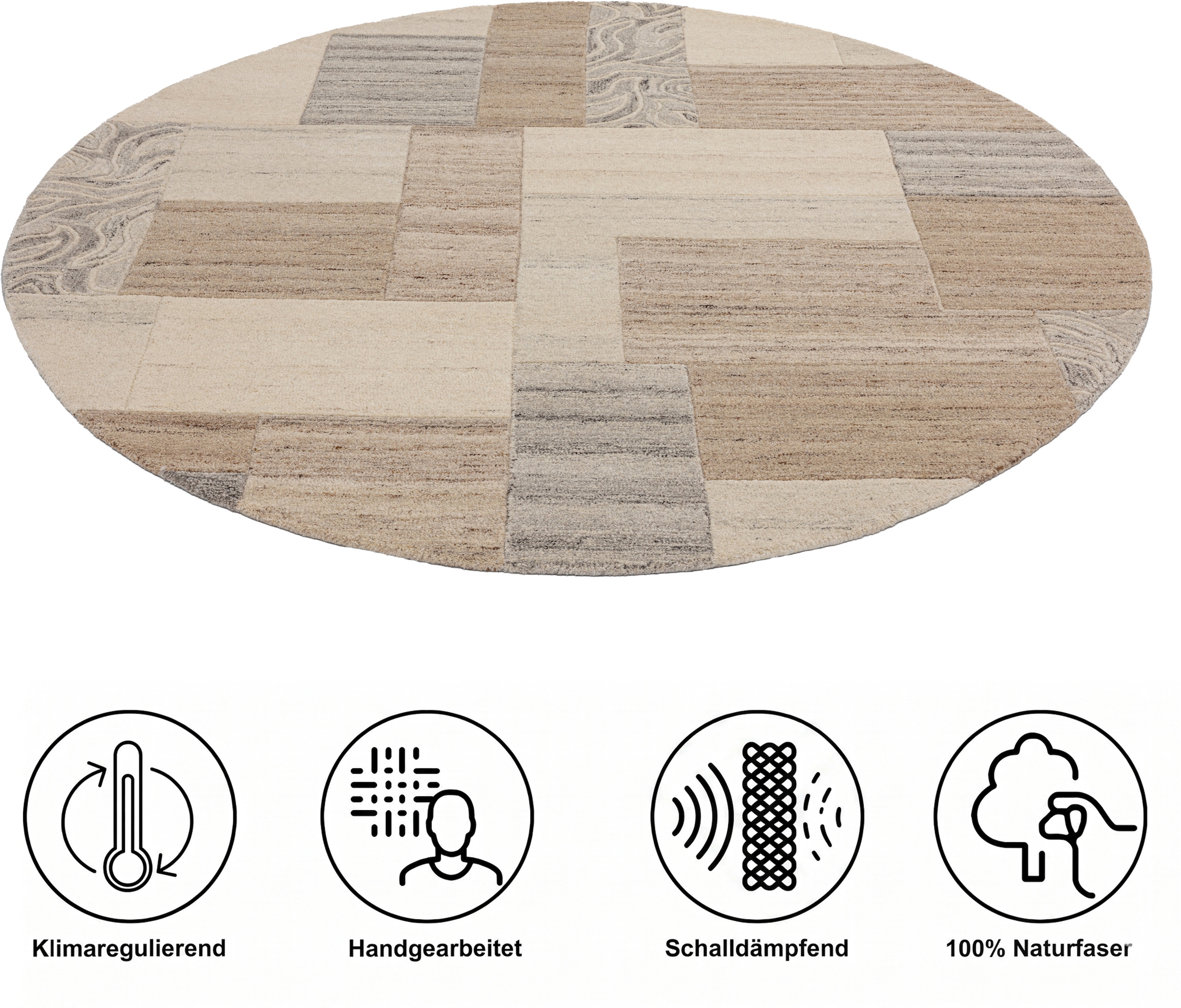 THEKO Tapis en laine »Lola,  Wolle, handgearbeitet, Patchwork Design« Rond 12 mm Höhe fait main, salon, chambre, salle à manger