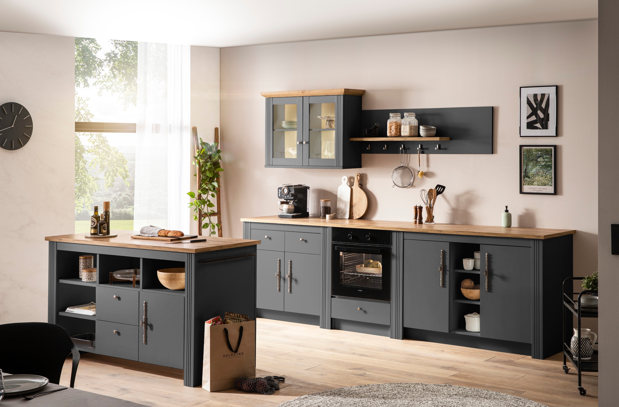 GOODproduct Küchenzeile »KS-Westminster, Pantryküche im Landhaus Stil, hochwertige Metallgriffe« Set,  Breite 294 cm, Kommoden, Wandpaneel, Hängeschrank, Herdumbau