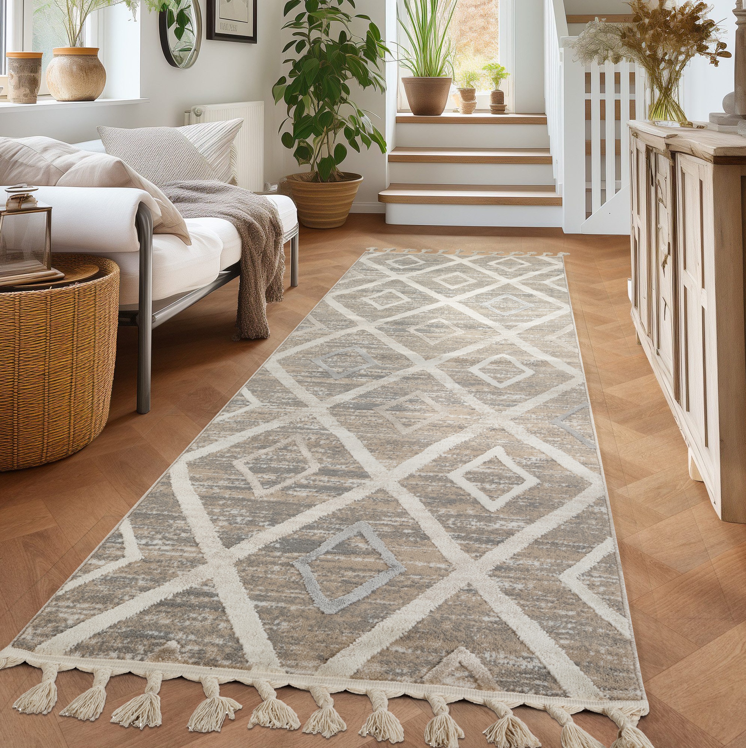 Image of GOODproduct Läufer "Otilie" rechteckig 11 mm Höhe dichte Qualität, Woll-Look, Boho, mit Fransen und Rauten, Scandi
