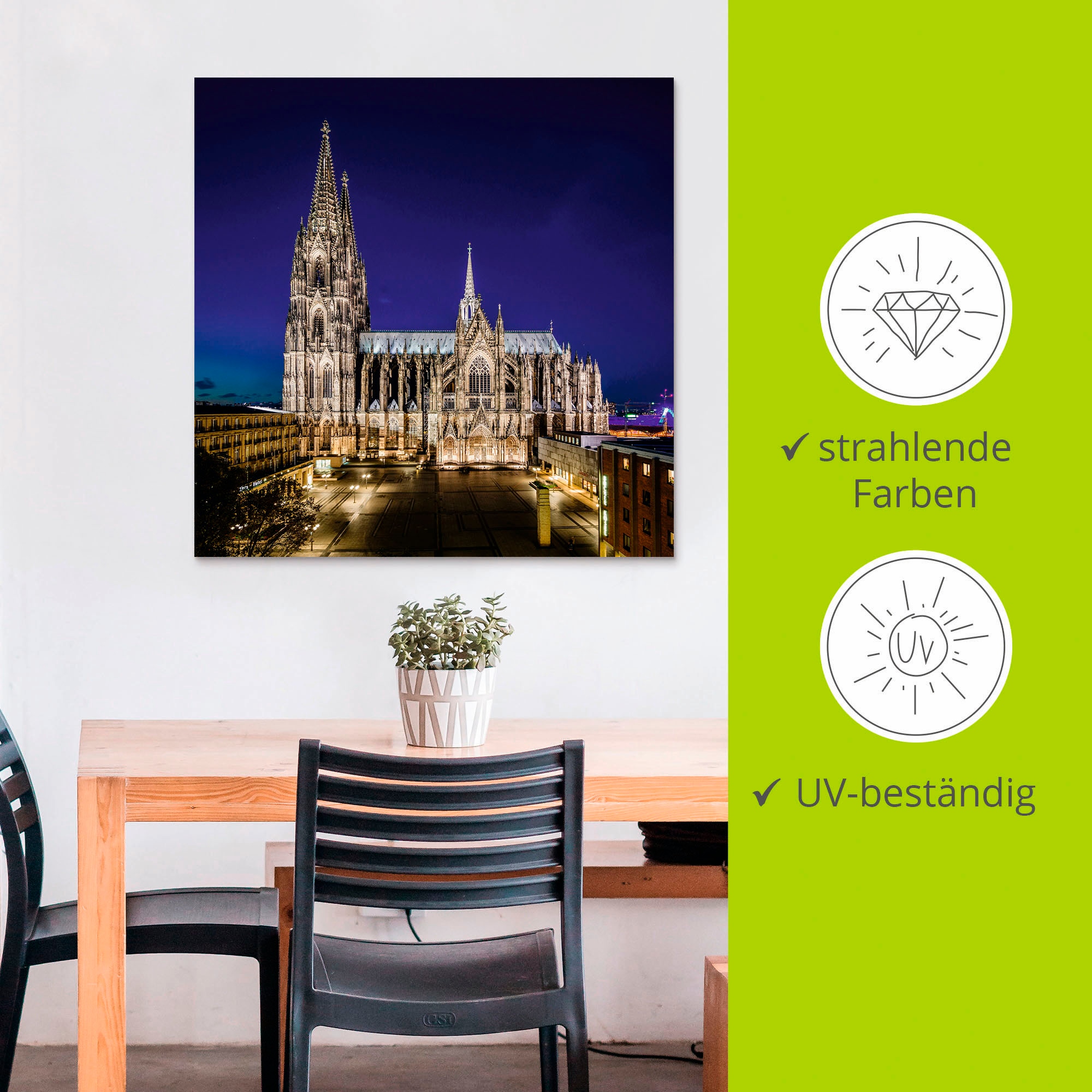 Artland Alu-Dibond-Druck »Kölner Dom am Abend«, Gebäude, (1 St.), für Innen- und Aussenbereich geeignet, Outdoorbild