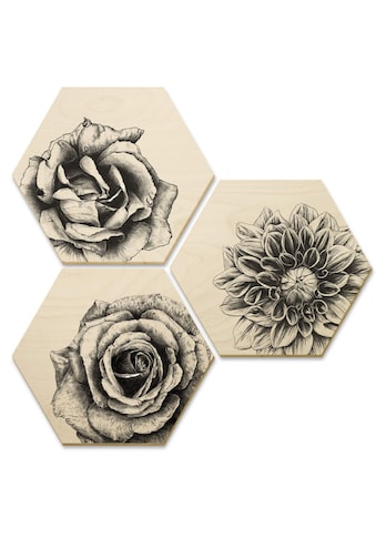 Wall-Art Mehrteilige Bilder »Hexagon Holzbilder Blumen Set«, (Set, 3 St.) kaufen