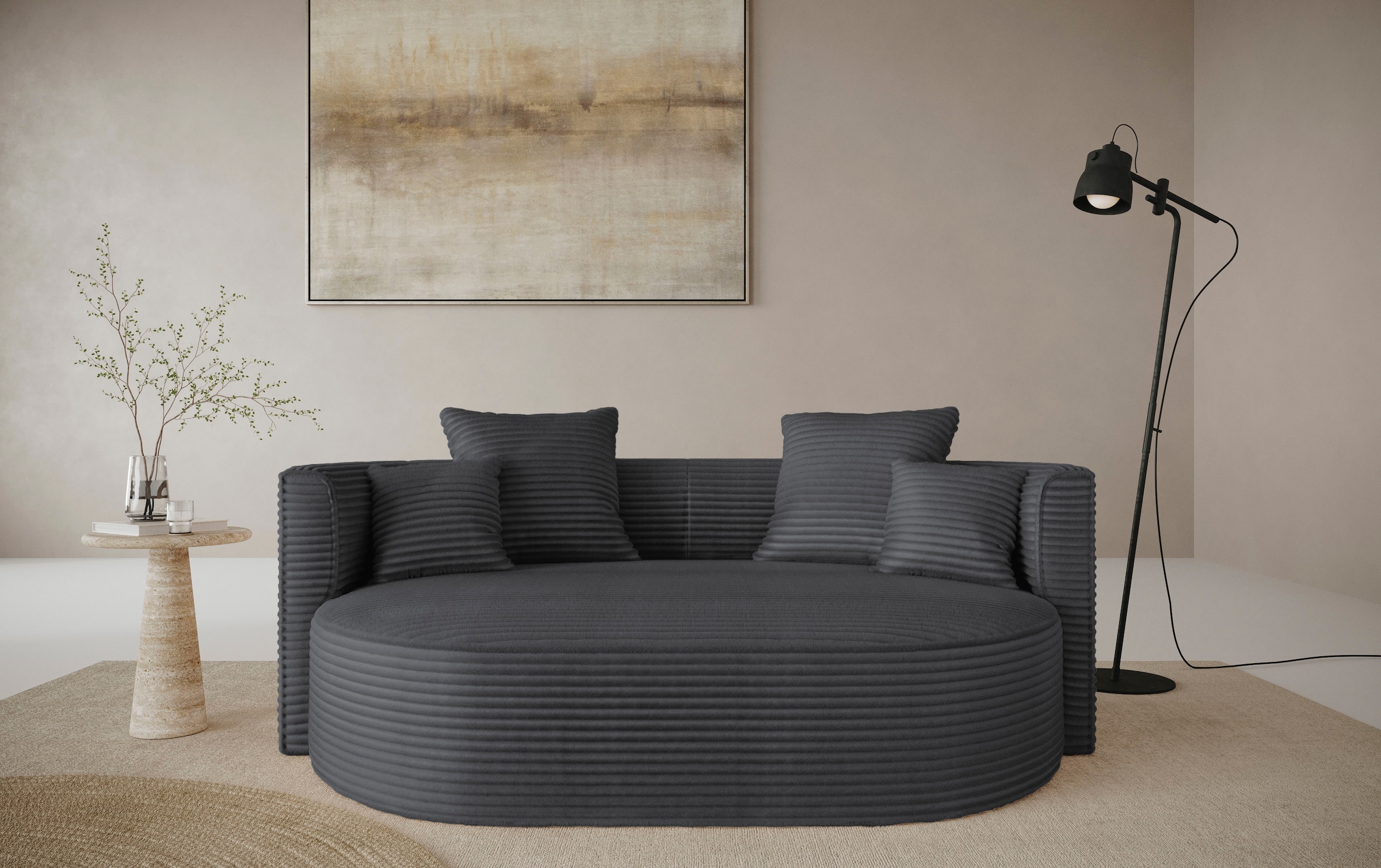LeGer Home by Lena Gercke 2,5-Sitzer »ISALIE, rundes Loungesofa, mit Kissen, perfekt gepolstert«, moderne Stoffe, mit 4 Zierkissen, extra grosse Sitzfläche