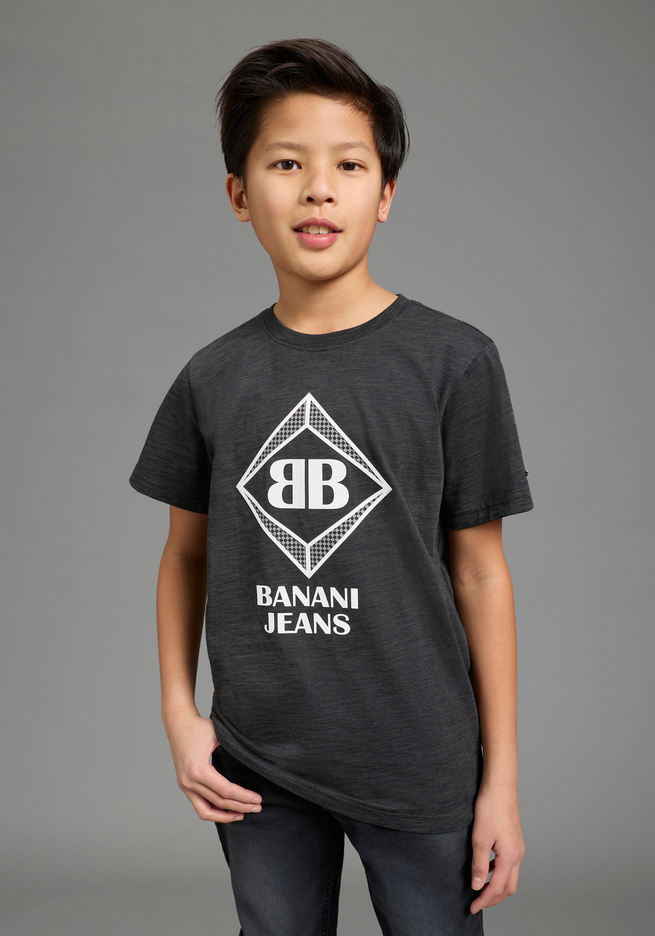 Image of Bruno Banani T-Shirt "Shirt in Melangeware und Logo-Print für Jungen" Basic Passform, Kurzarm, Rundhalsausschnitt, aus Baumwolle