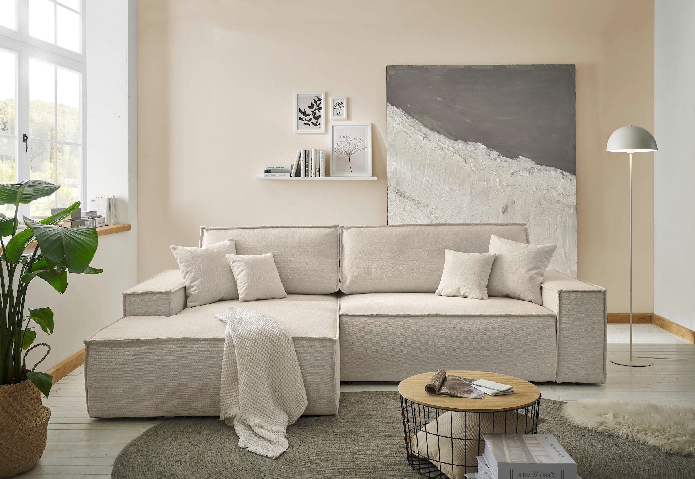andas Canapé d'angle »FINNLEY Schlafsofa 267 cm, L-Form mit Schlaffunktion & Bettkasten« verfügbar in den Stoffqualitäten Bouclé, Struktur fein und Mega Cord