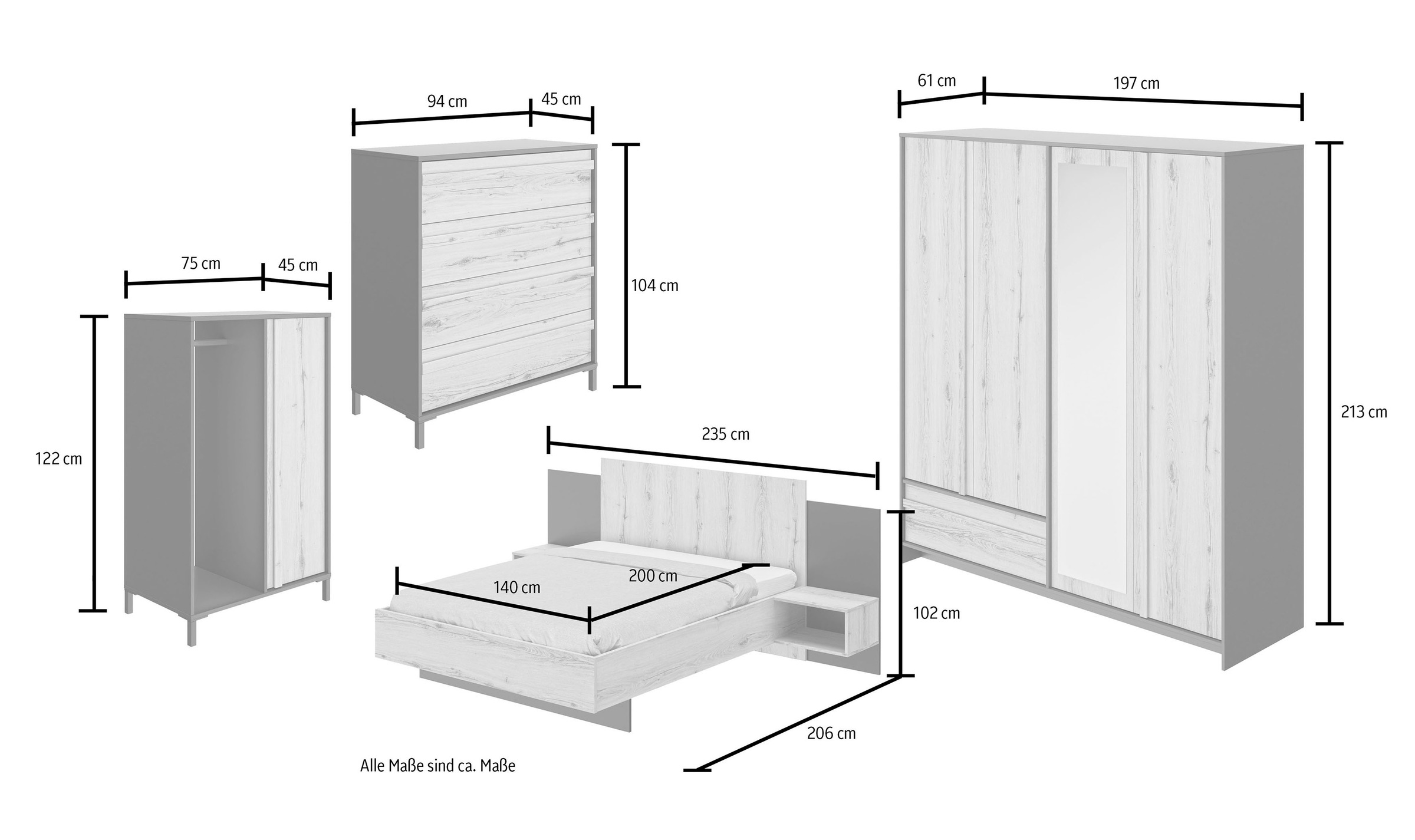 Gami Schlafzimmer-Set »Mimizan«, (4 tlg., Bett, 2x Nachttische, Kleiderschrank, Kommode, Garderobenschrank)