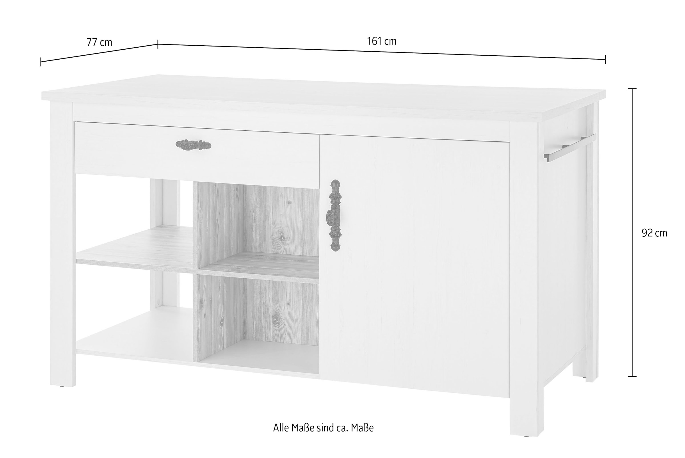 Home affaire Kücheninsel »Florenz, Küchenblock in Pinie Weiss, Kochinsel, Küchenarbeitsblock« Breite 161 cm, mit verschnörkeltem Metallgriff, Arbeitshöhe 92 cm