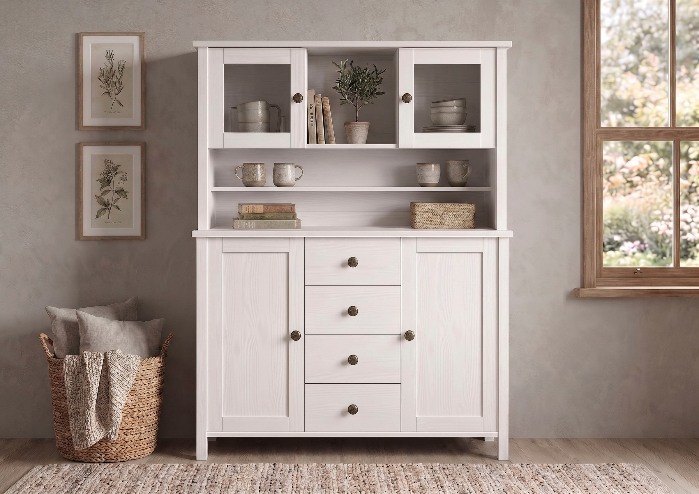GOODproduct Buffet »Mikkeli Küchenbuffet mit 2 Glastüren, Metallgriffe« aus massiver FSC®-zertifizierter Kiefer, moderner Landhausstil