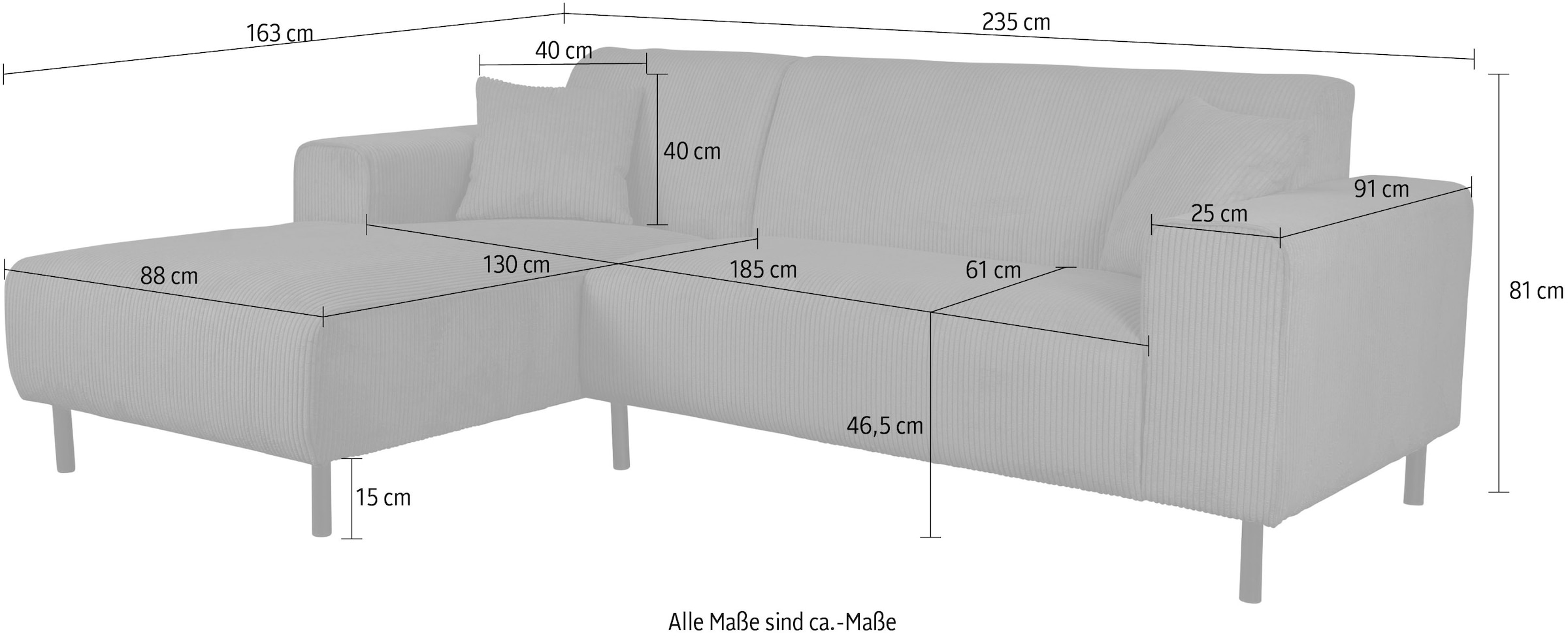 Home affaire Ecksofa »ARROS L-Form mit Wellenunterfederung, Masse B/T/H: 235/163/81 cm« incl. Zierkissen, mit Recamiere rechts/links bestellbar, auch in Cord