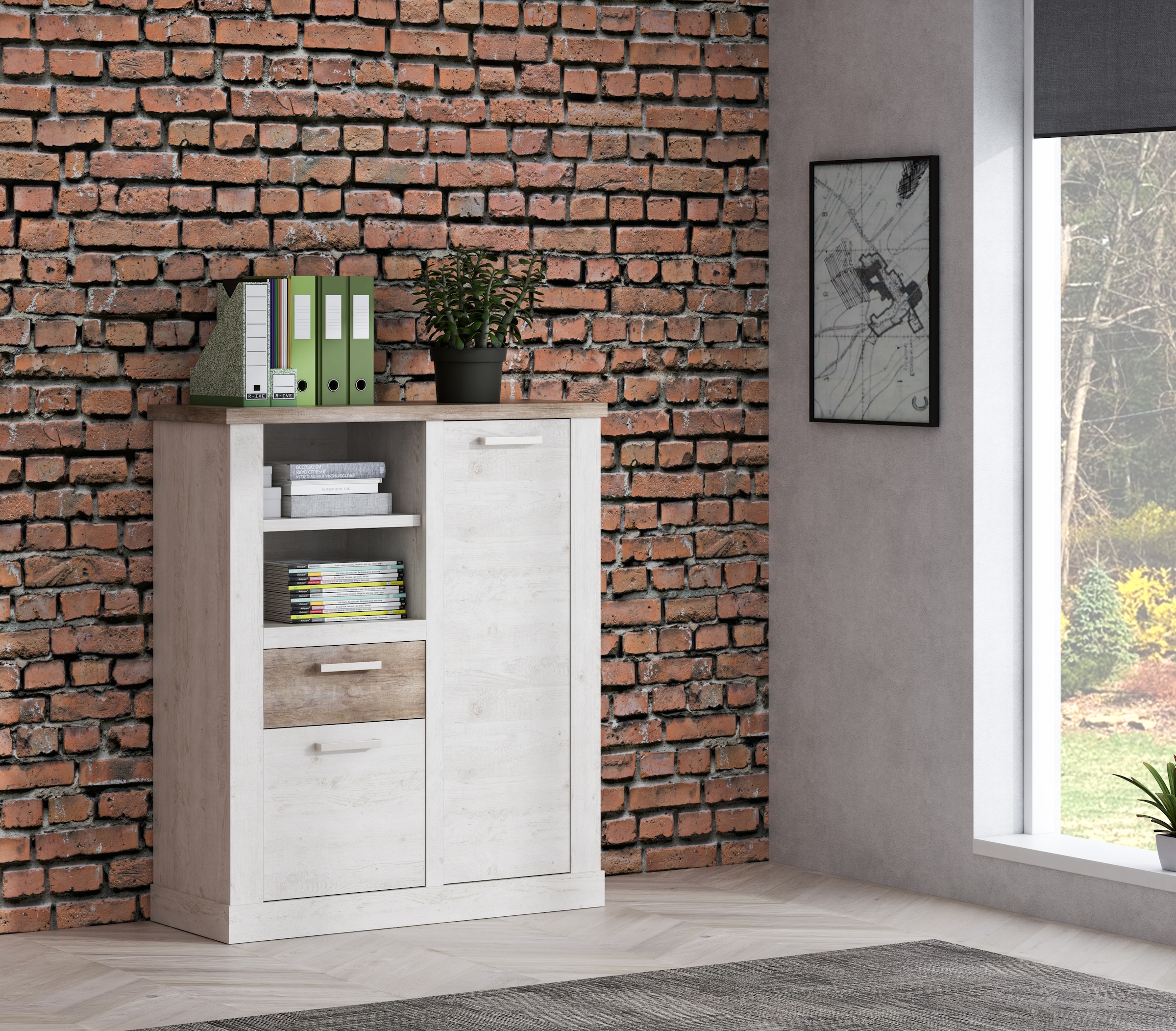 FORTE Highboard »Duro« Mehrzweckschrank mit Türen & Schublade, Landhausstil, Breite 109,8 cm