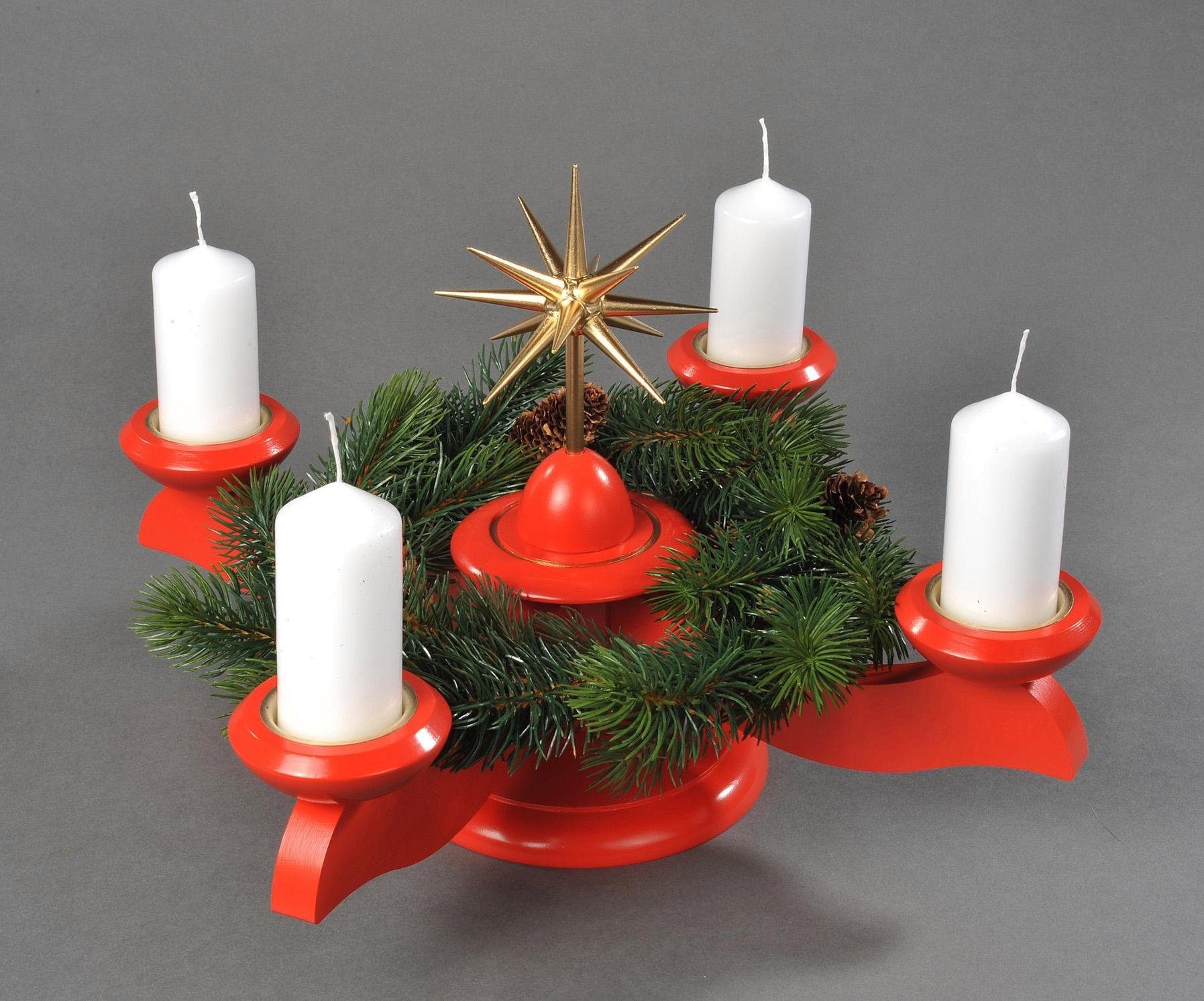 Image of Albin Preissler Adventsleuchter "mit Weihnachtsstern und Tannenkranz, Handwerkskunst aus dem Erzgebirge" Ø 29 cm, Weihnachtsdeko aus Buchenholz