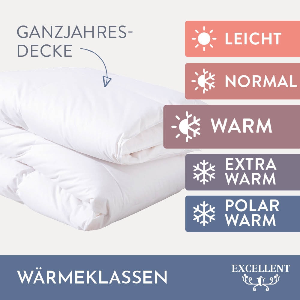 Excellent Daunenbettdecke »Zürich, Bettdecken für Sommer und Winter, Decke«, warm, Füllung 100% Daunen, Bezug 100% Baumwolle, (1 St.), Bettdecke 135x200 cm, 155x220cm und weitere Grössen, Made in Germany