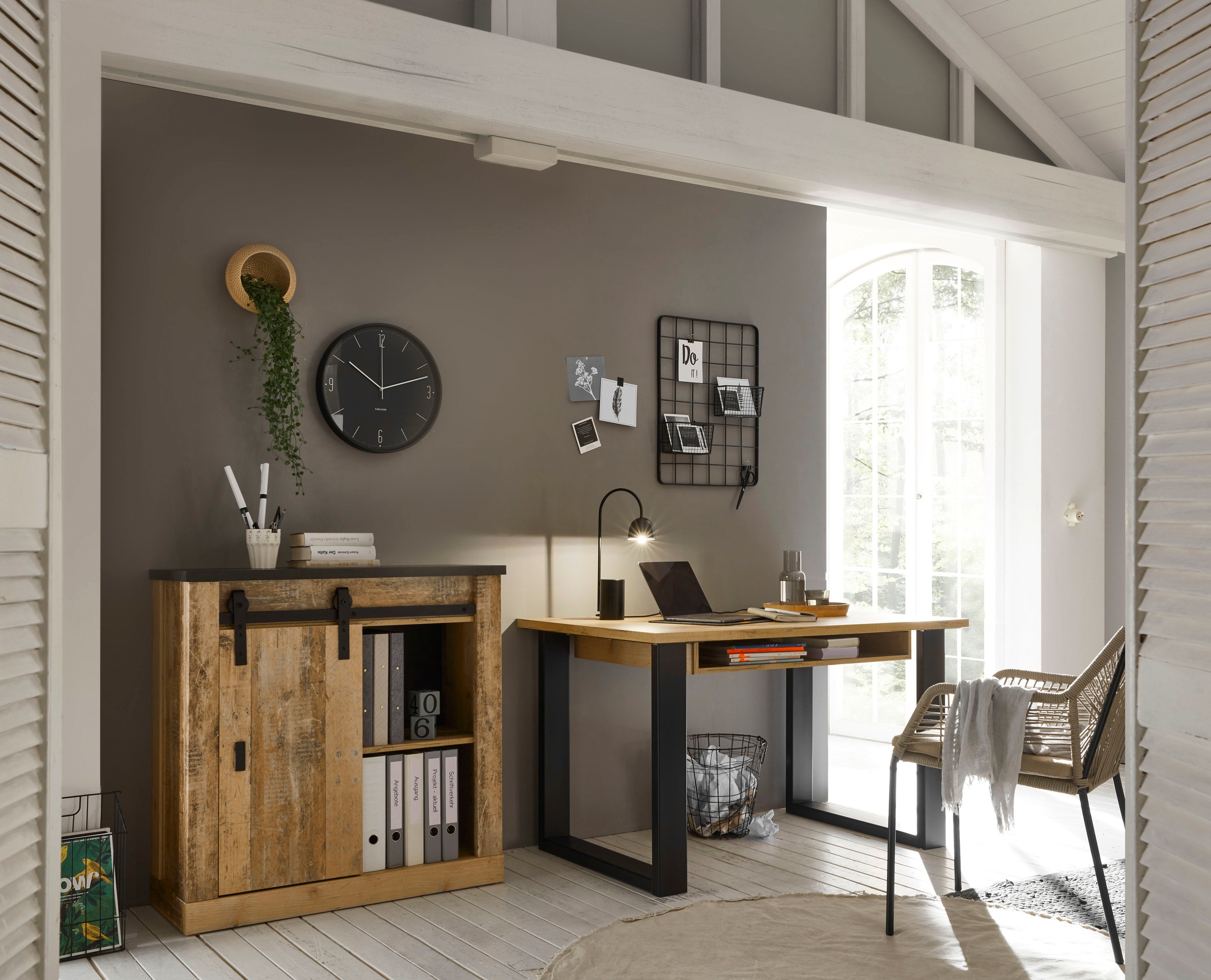 Image of Premium collection by Home affaire Schrank-Set »SHERWOOD«, (2 St.), Büromöbel Set in modernem Holz Dekor, mit Scheunentorbeschlag und Apothekergriffen aus Metall, Breite ca. 220 cm bei Ackermann Versand Schweiz