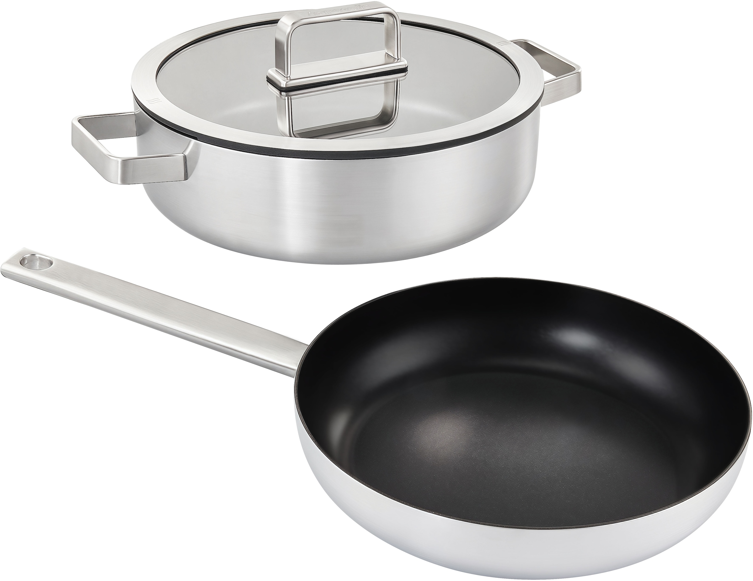 Image of Hanseatic Pfannen-Set "PREMIUM" Edelstahl Set, 1x Pfanne 24 cm, 1x Servierpfanne 28 cm mit Deckel, 3 Stk. tlg. mit Antihaftbeschichtung, für alle Herdarten, Induktion
