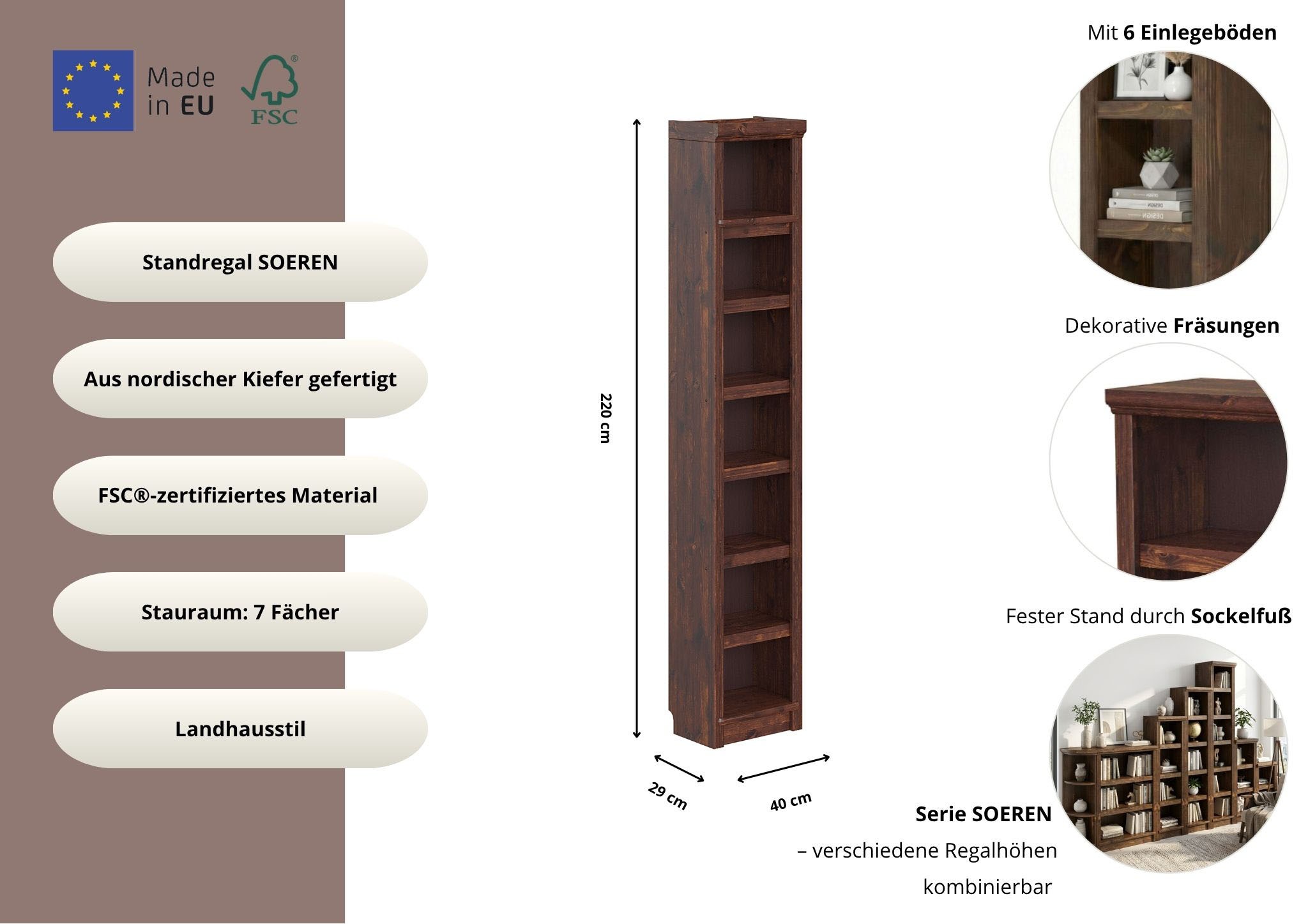 GOODproduct Étagère à livres »Soeren Regal B/T/H: 40/29/220 cm« Pin certifié FSC®, 7 compartiments et 6 étagères amovibles