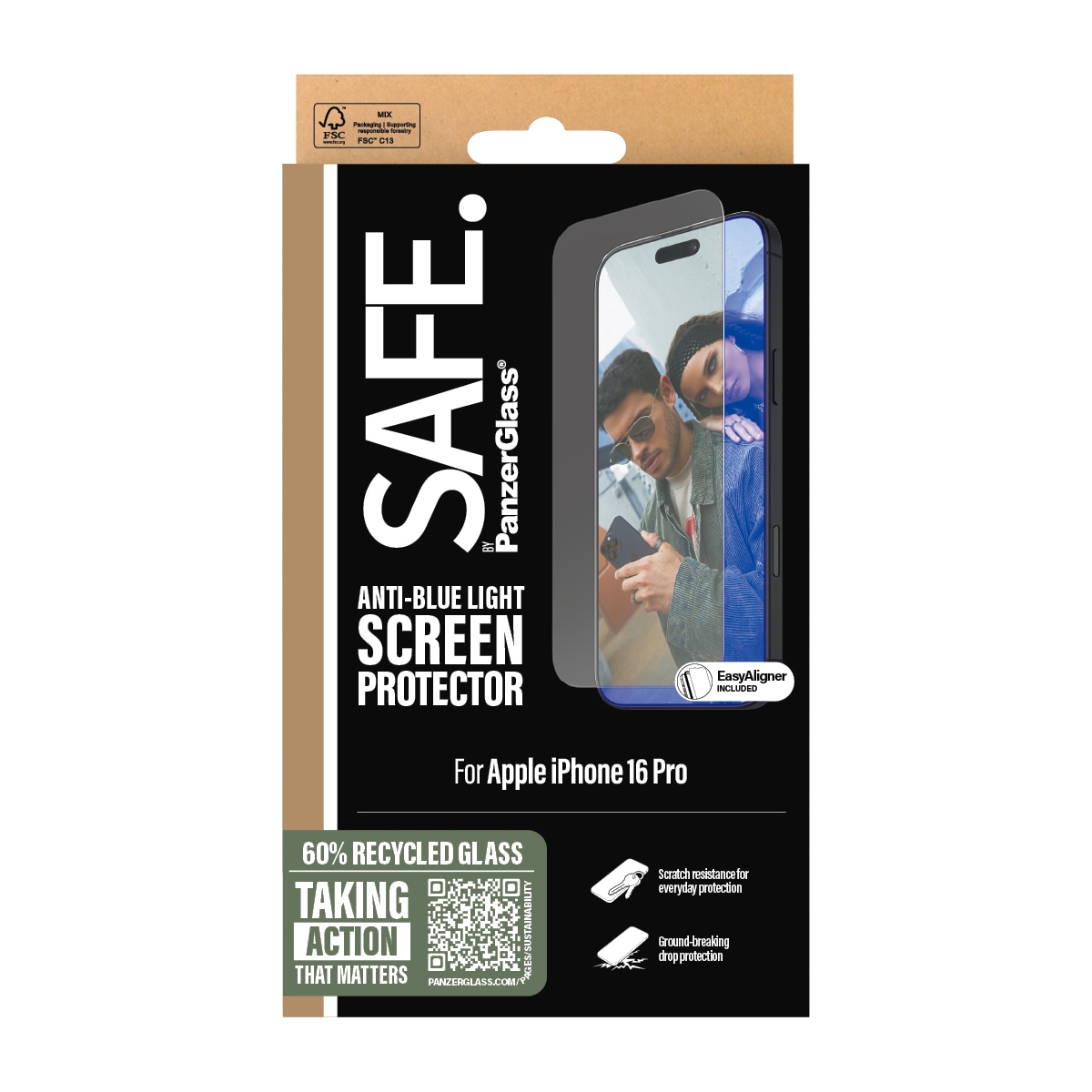 SAFE by PanzerGlass Displayschutzglas »Anti-Blue Light Screen Protection«, für Apple iPhone 16 Pro, (1 St.), Displayschutzfolie, Schutzfolie, Bildschirmschutz, kratz- & stossfest