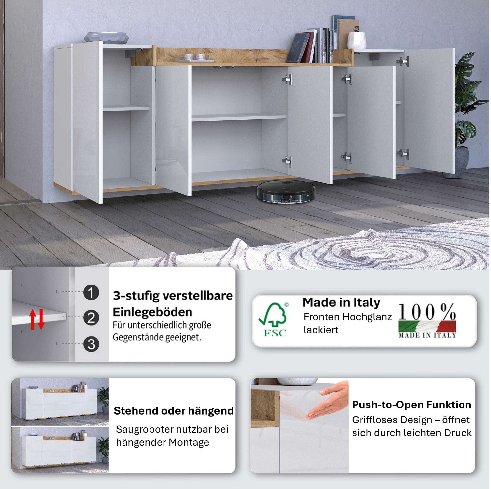 GOODproduct Sideboard »BOLSENA, Kommode, Schrank,Lowboard mit 8 Fächer und offenes Ablagefach« 1 Stk. tlg. Breite 200 cm,stehend/hängend,Fronten Hochglanz lackiert,Made in Italy