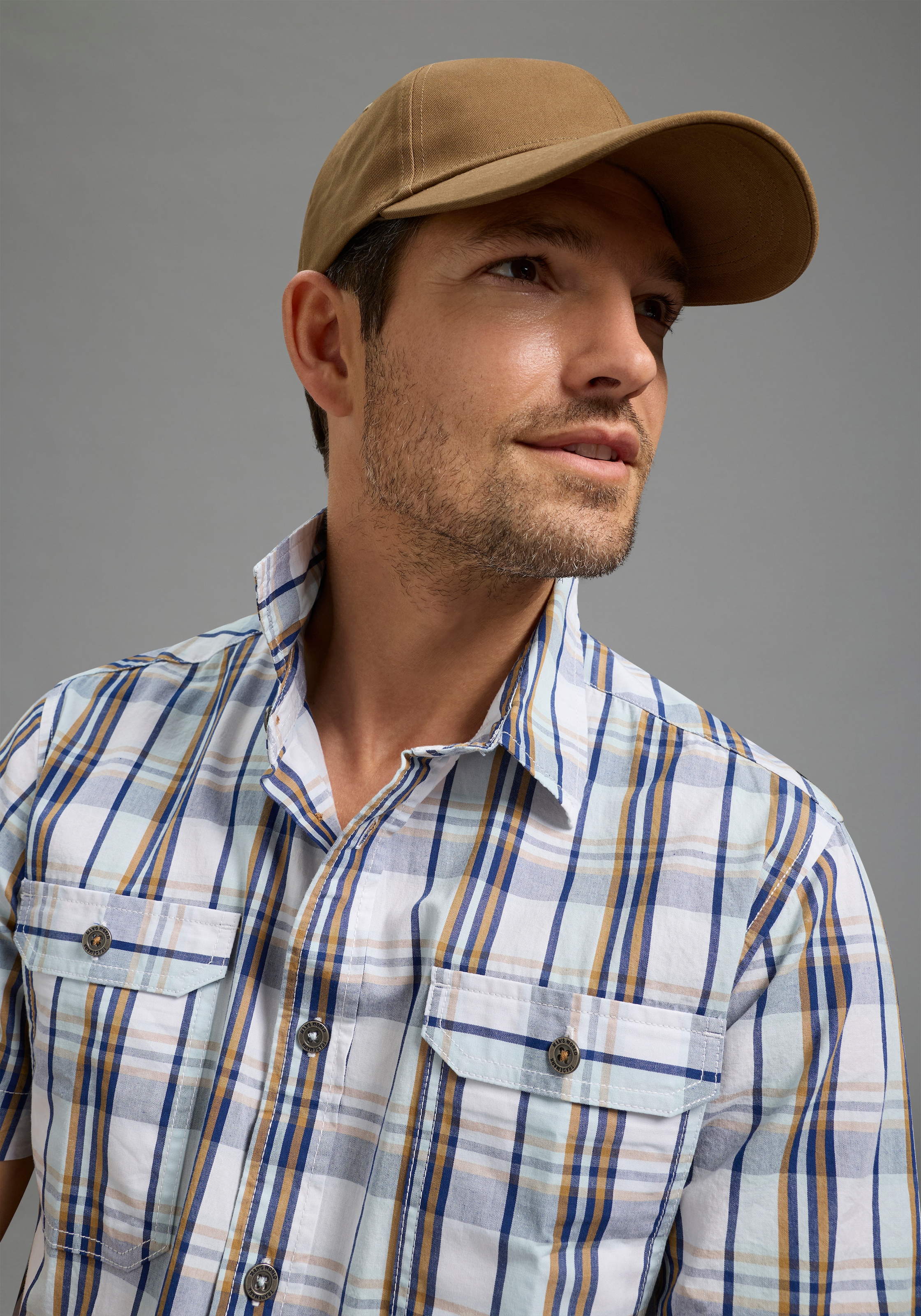 Man's World Karohemd Kurzarm, für Casualmode, Basic, Frühling und Sommer, aus Baumwolle