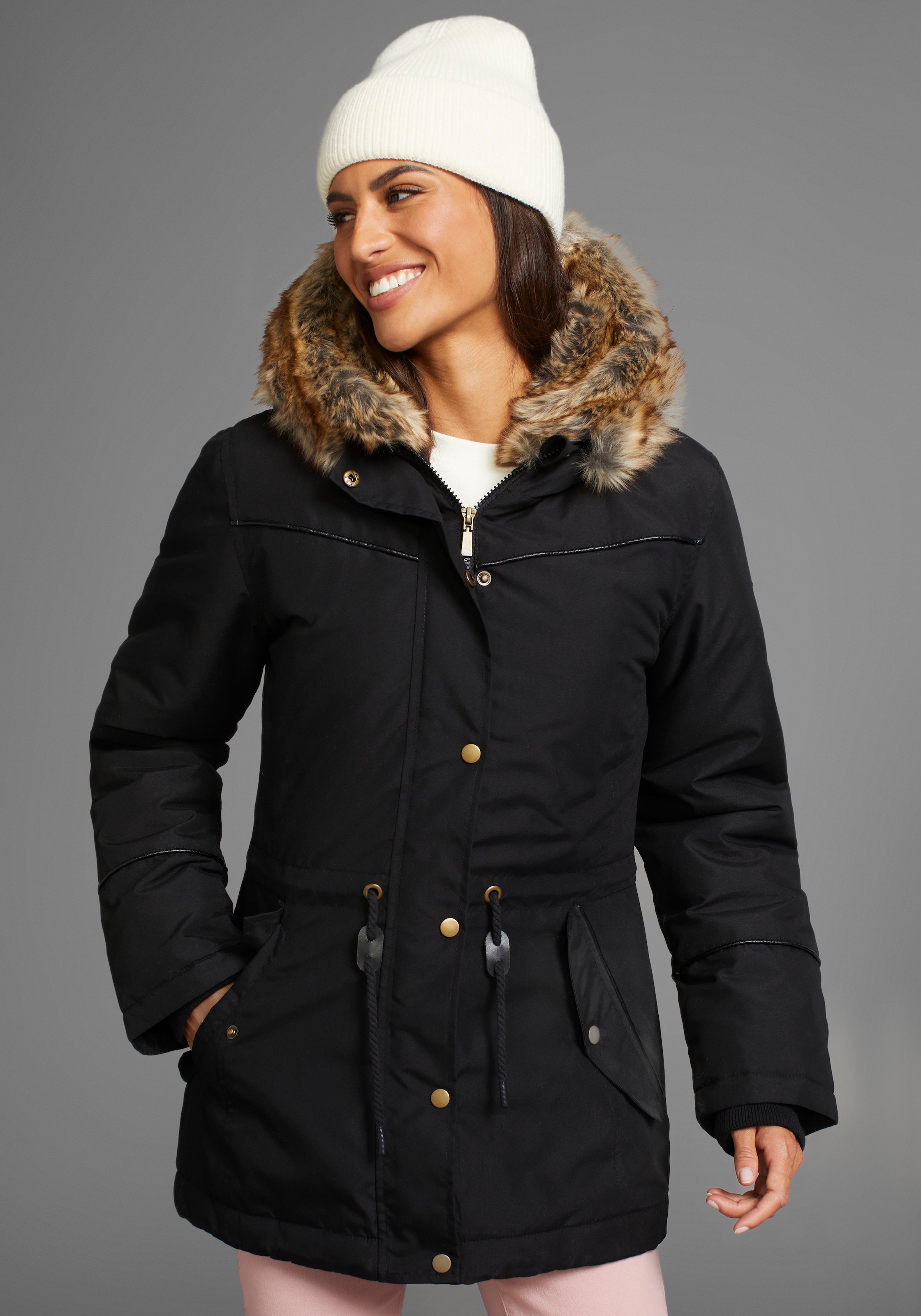 Image of Laura Scott Winterjacke mit Kapuze figurbetonte Passform, mit Kapuze, mit abnehmbarem Fellimitat