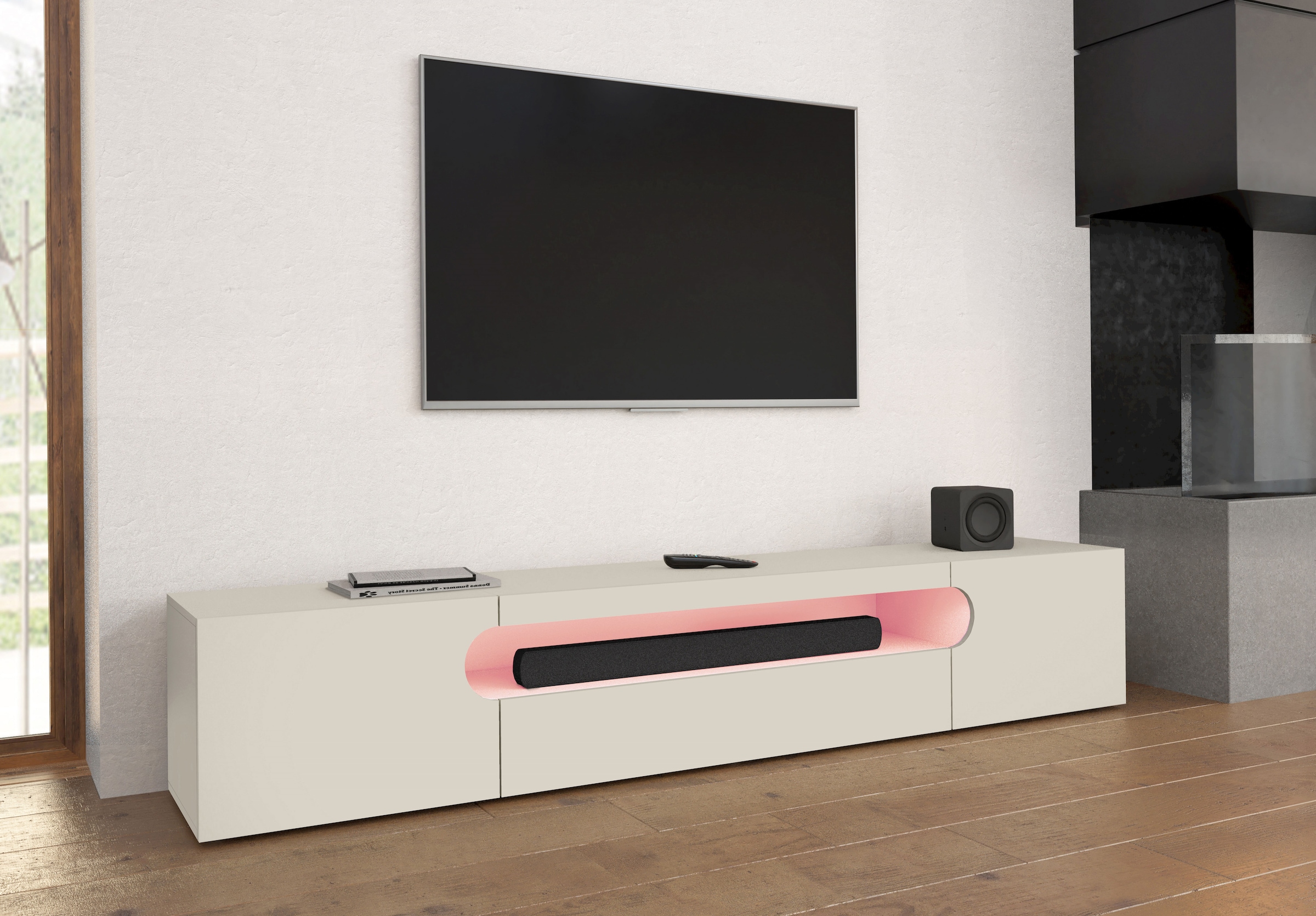 INOSIGN Lowboard »REAL TV-Möbel, 240 cm breit, 40/60 cm hoch, Hochglanz oder matt« mit 2 abgerundeten Türen, 1 Klappe, die ein ovales offenes Fach bilden