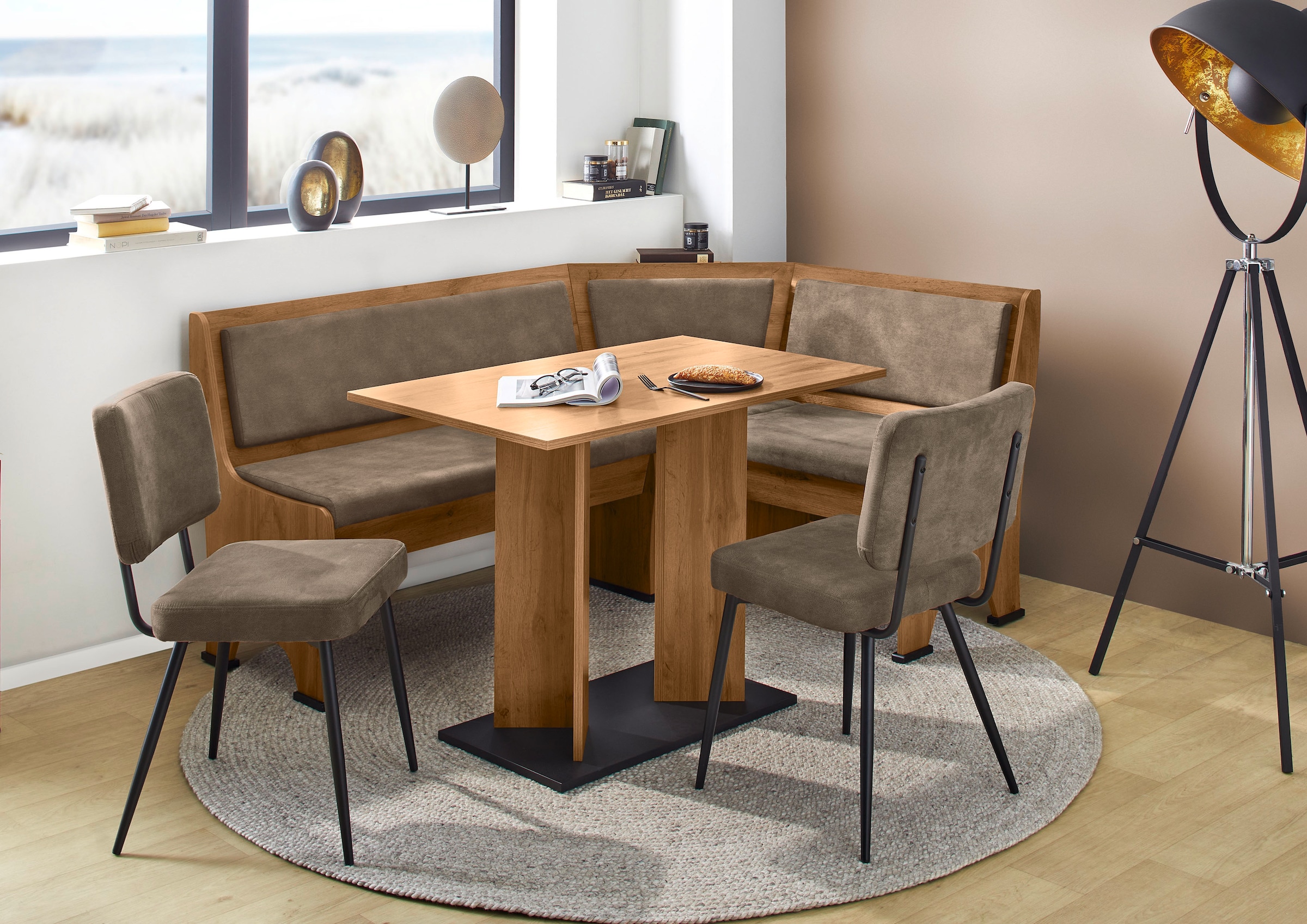 GOODproduct Ensemble de bancs d'angle »Theo (Set, 4-tlg. Tisch, Bank und 2 Stühle) 2 Farben wählbar« Bank links/rechts montierbar, mit Stauraum, Stühle im 2er Set