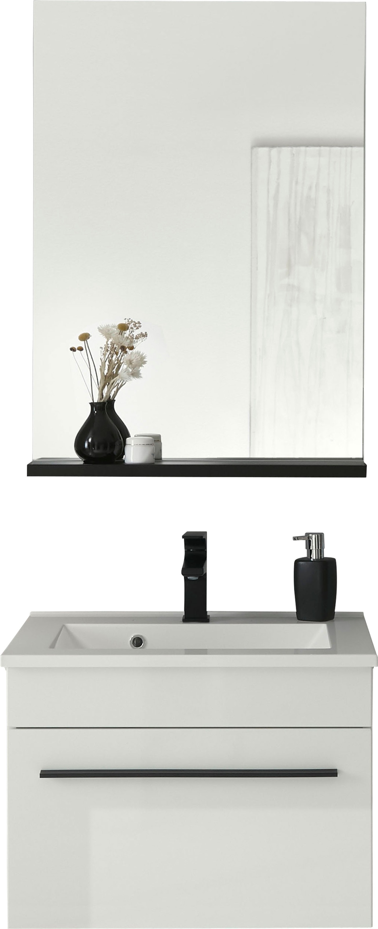 INOSIGN Badmöbel-Set »Cantara, Bad im modernen Design, 2-teiliges Badezimmer«, (Set, 2 St.), Waschtisch und Spiegel, in Weiss Hochglanz, viel Stauraum