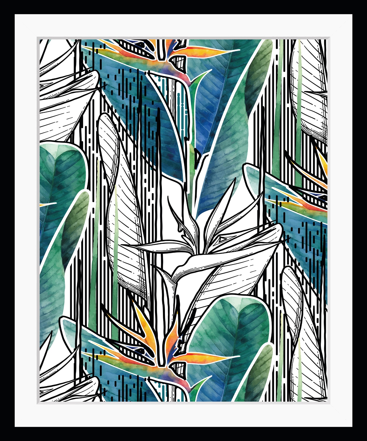 Image of queence Bild "Watson" Blätter Kunst Pflanzen Pflanzenbilder Schwarz-Weiss HD Premium Poster-Druck inkl. Holzrahmen