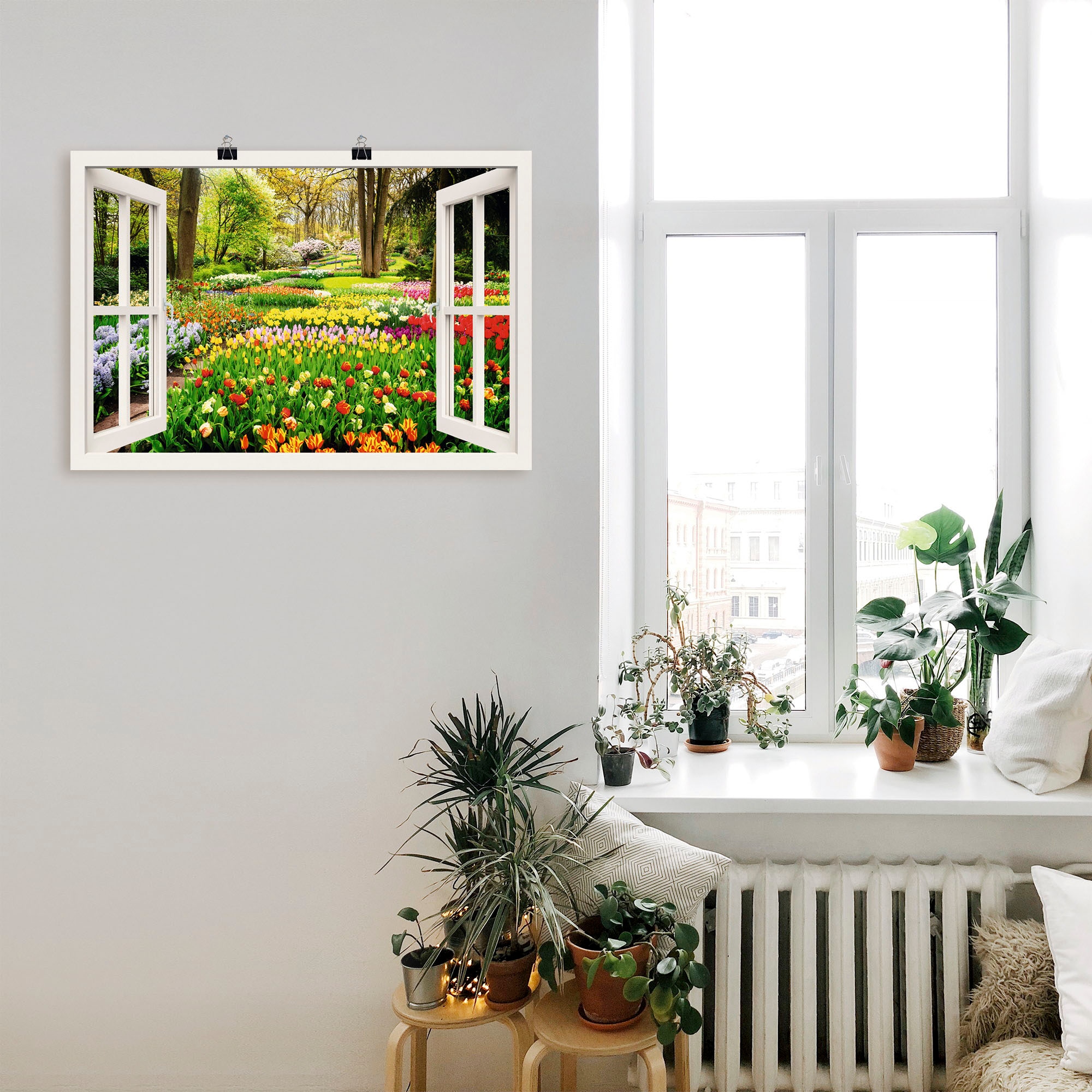Artland Wandbild »Fensterblick Tulpen Garten Frühling«, Fensterblick, (1 St.),  als Alubild, Leinwandbild, Wandaufkleber oder Poster in versch. Grössen