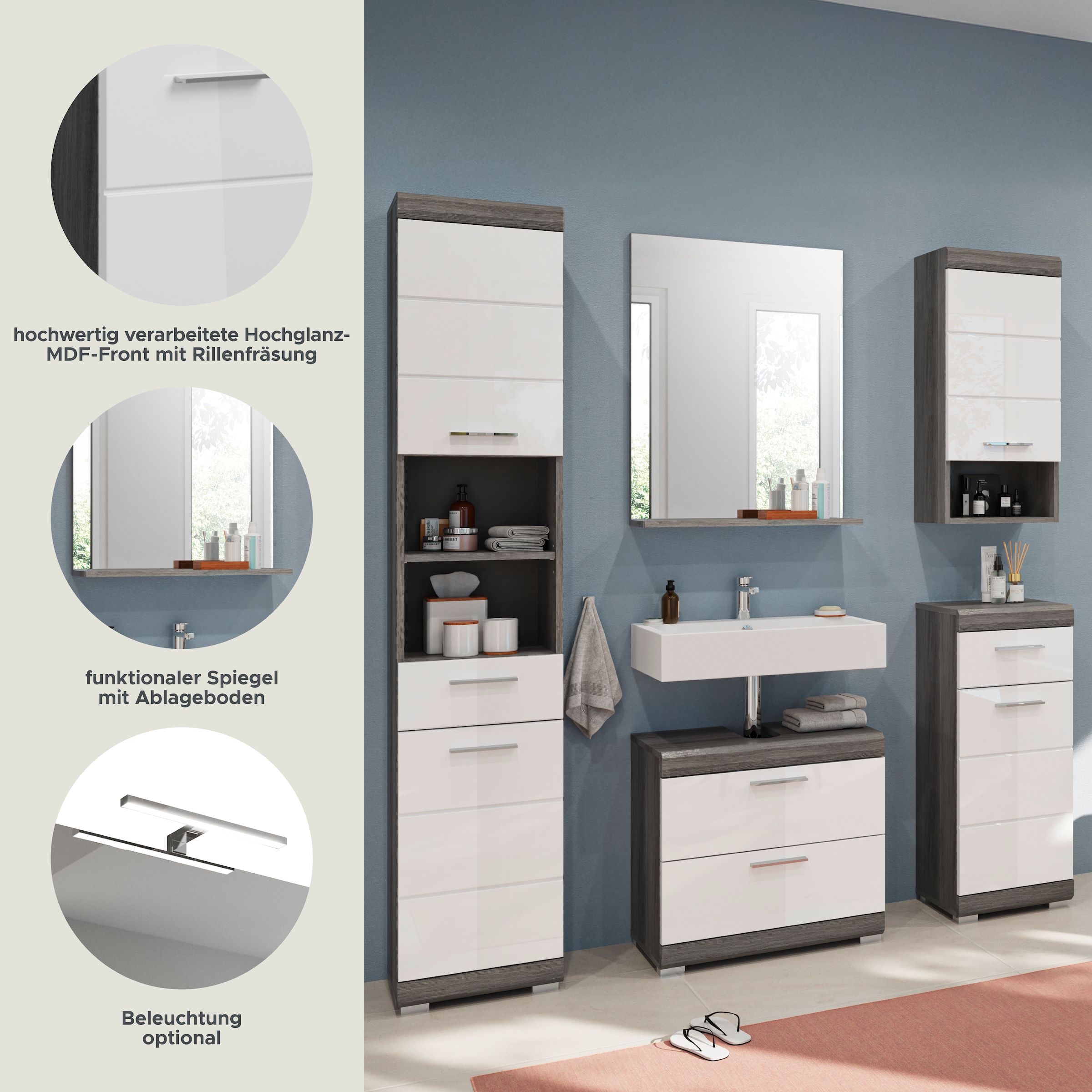 INOSIGN Badmöbel-Set »Siena, 5 teilig, bestehend aus:«, (Set, 5 St.), Hochschrank, WBU, Spiegel, Unterschrank, Hängeschrank