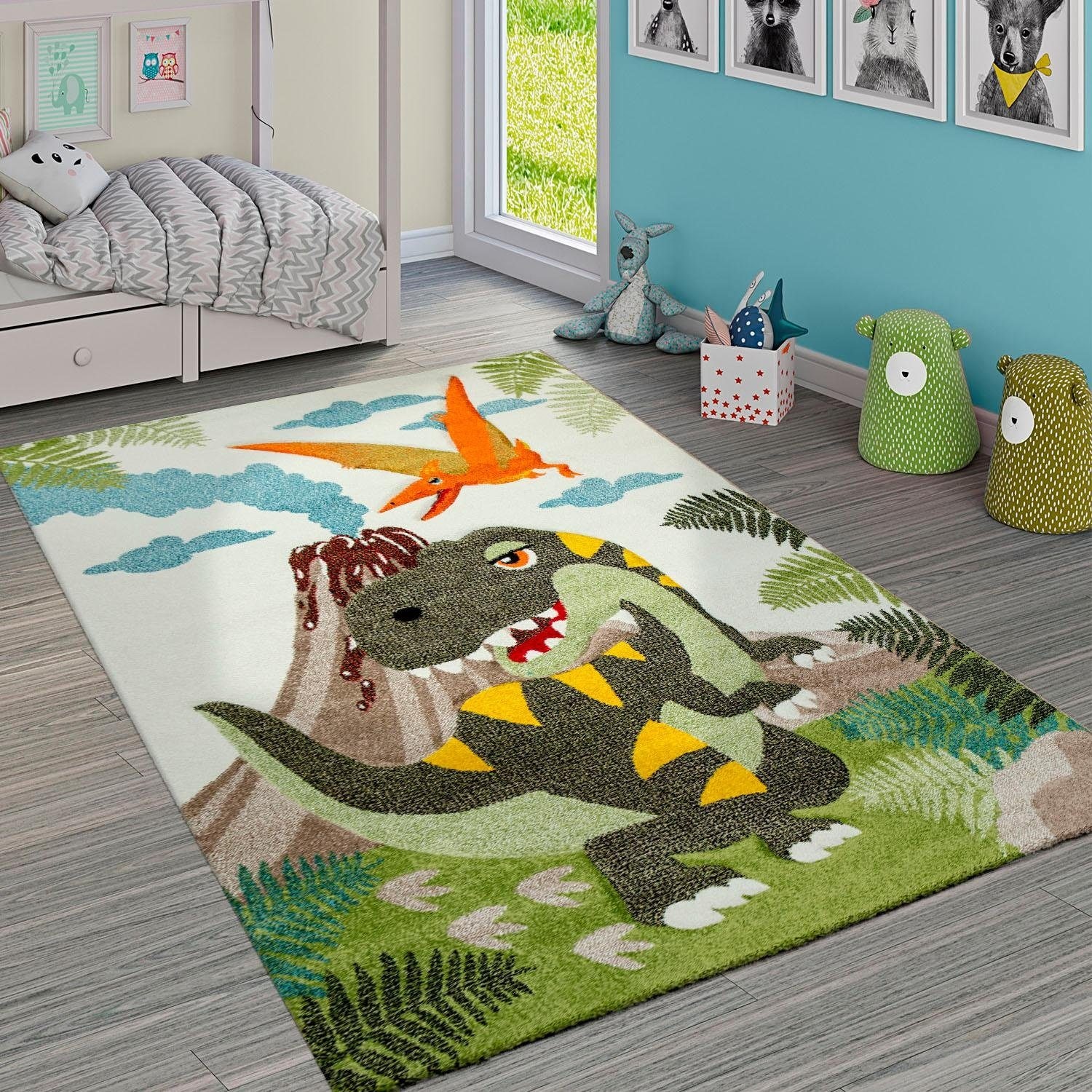 Paco Home Kinderteppich »Diamond 636«, rund, 3D-Design, Motiv Dinosaurier, Kinderzimmer