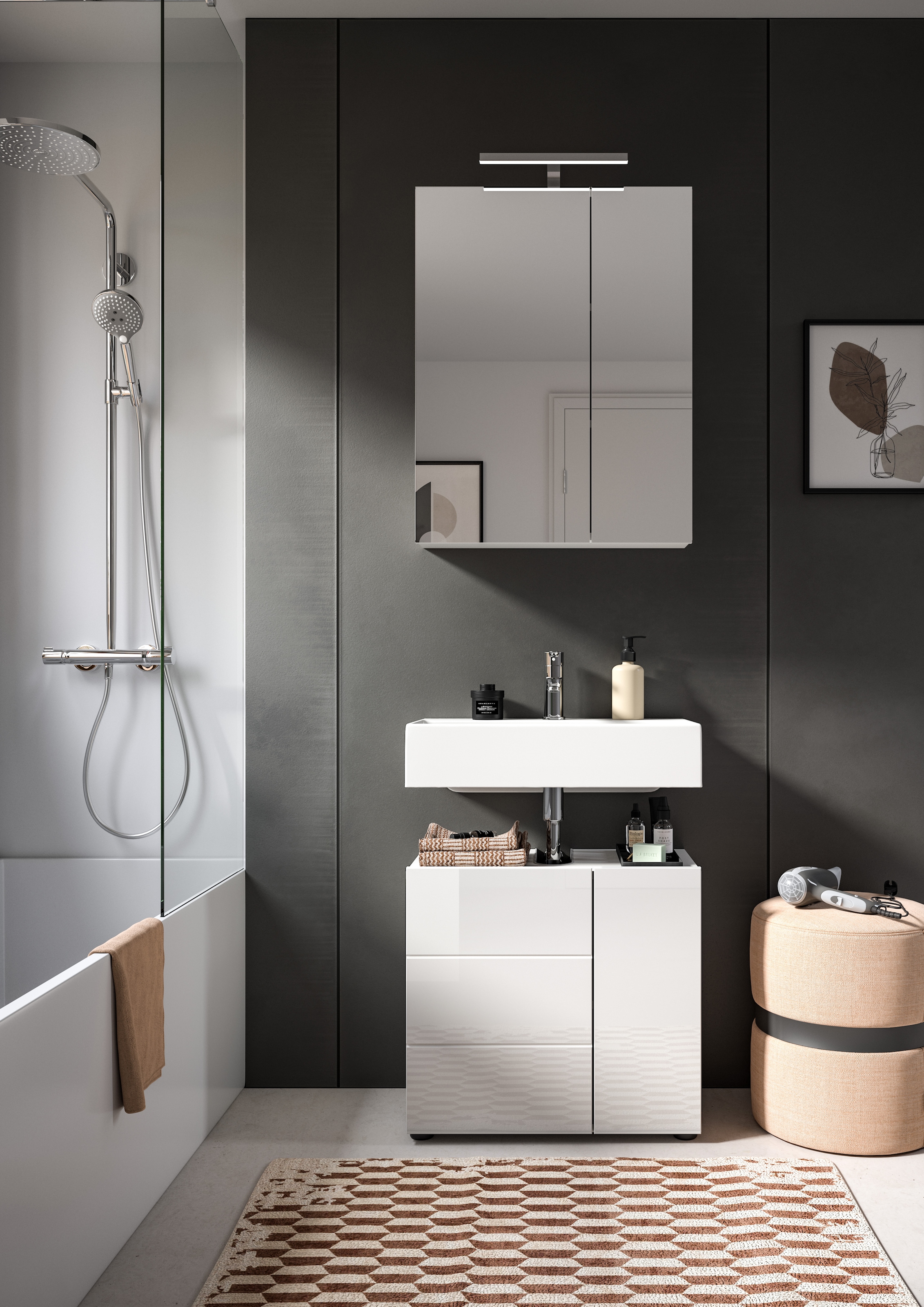 welltime Badmöbel-Set »BIEL, TOPSELLER, 2 teilig, inkl. Beleuchtung, MDF Front, Rillenoptik« best. aus: Waschbeckenunterschrank, Spiegelschrank inkl. Beleuchtung, 2 Stk. tlg.