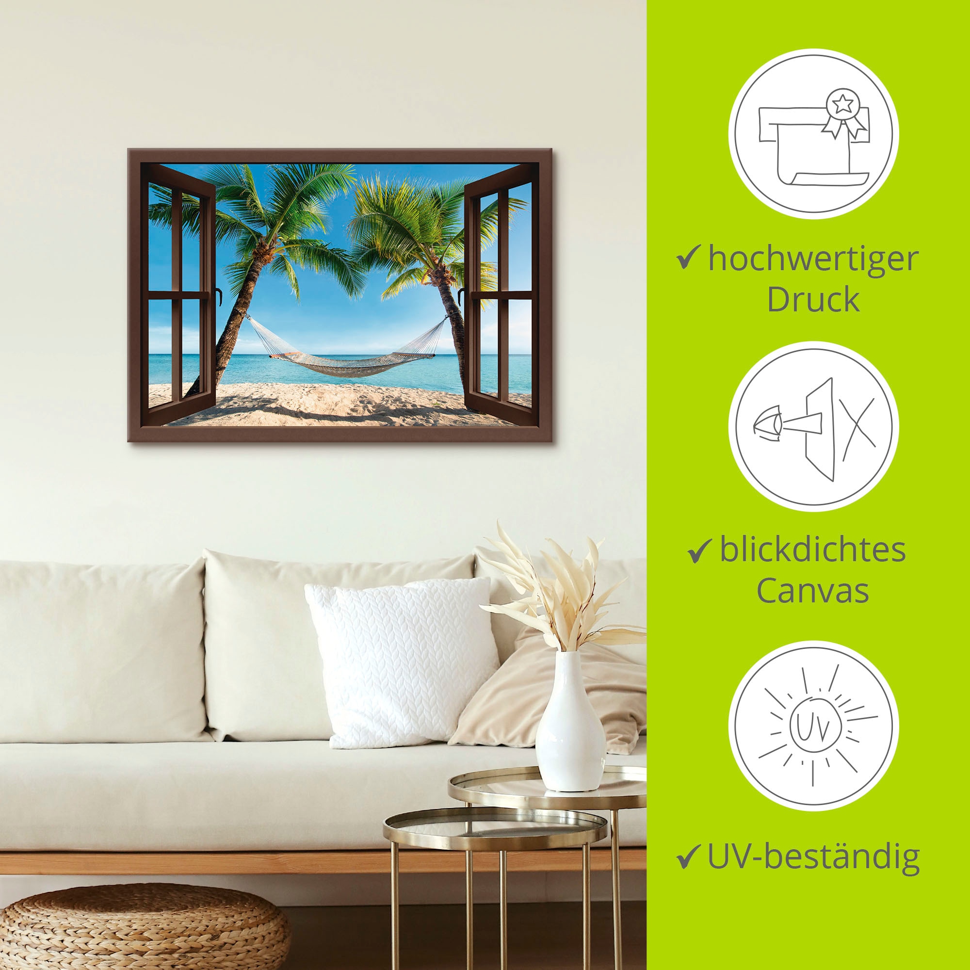 Artland Tableau sur toile »Fensterblick Palmenstrand Karibik« 1 cuis tlg. auf Holzrahmen gespannt