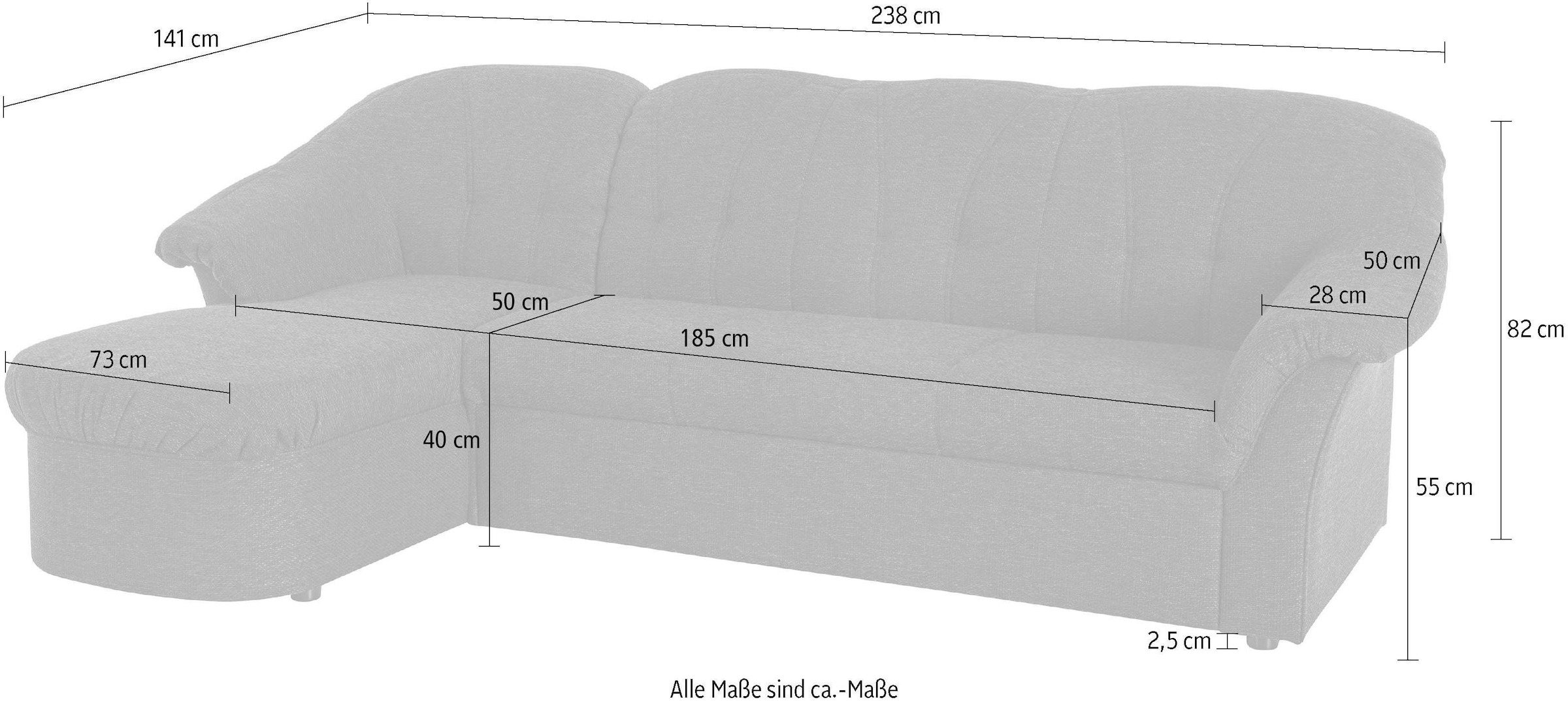 DOMO collection Ecksofa »Pegnitz, elegante Rückensteppung, kompakte Stellmasse 238/141cm, L-Form«, wahlweise mit Bettfunktion