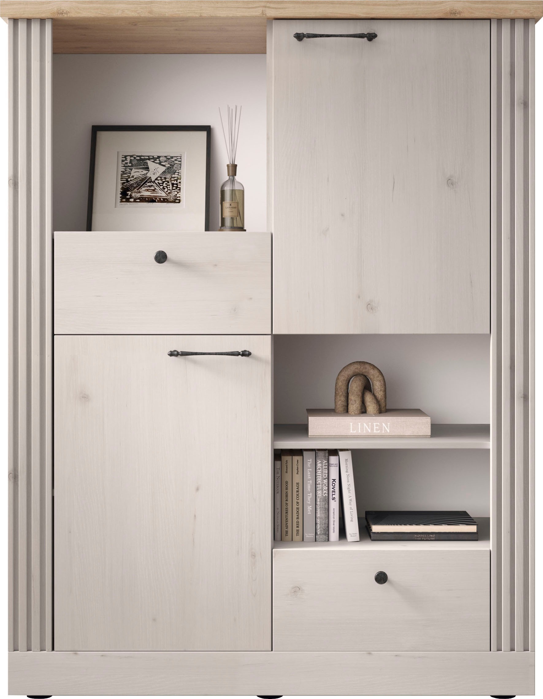 Image of GOODproduct Highboard "Country Höhe 160 cm u. Breite 118 cm, Kommode 2 Türen, 2 Schubkästen," Schrank im Landhausstil, viel Stauraum, mit Metallgriffe, MDF-Rahmen