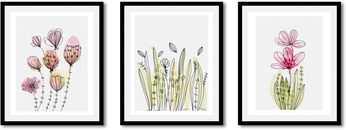queence Bild »Aquarell Zeichnungen Flora Dream«, (1 St.), HD Premium Poster-Druck inkl. Holzrahmen - 3er Set
