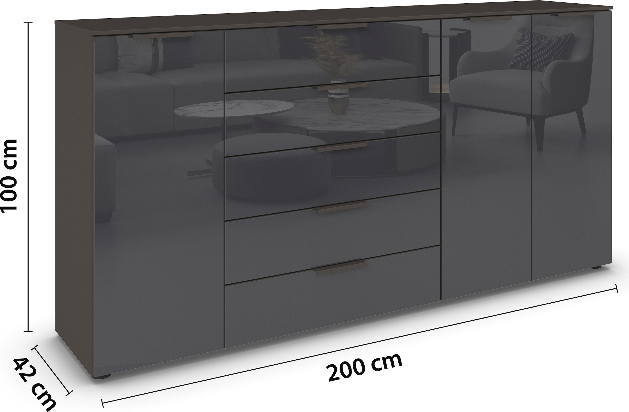 rauch Commode combinée »Kommode Türkommode Sideboard Kombikommode FLIPP mit Glasfront« Largeur 200 cm avec 4 étagères,  3 portes avec 5 tiroirs et fonction soft-close ainsi que façade en verre