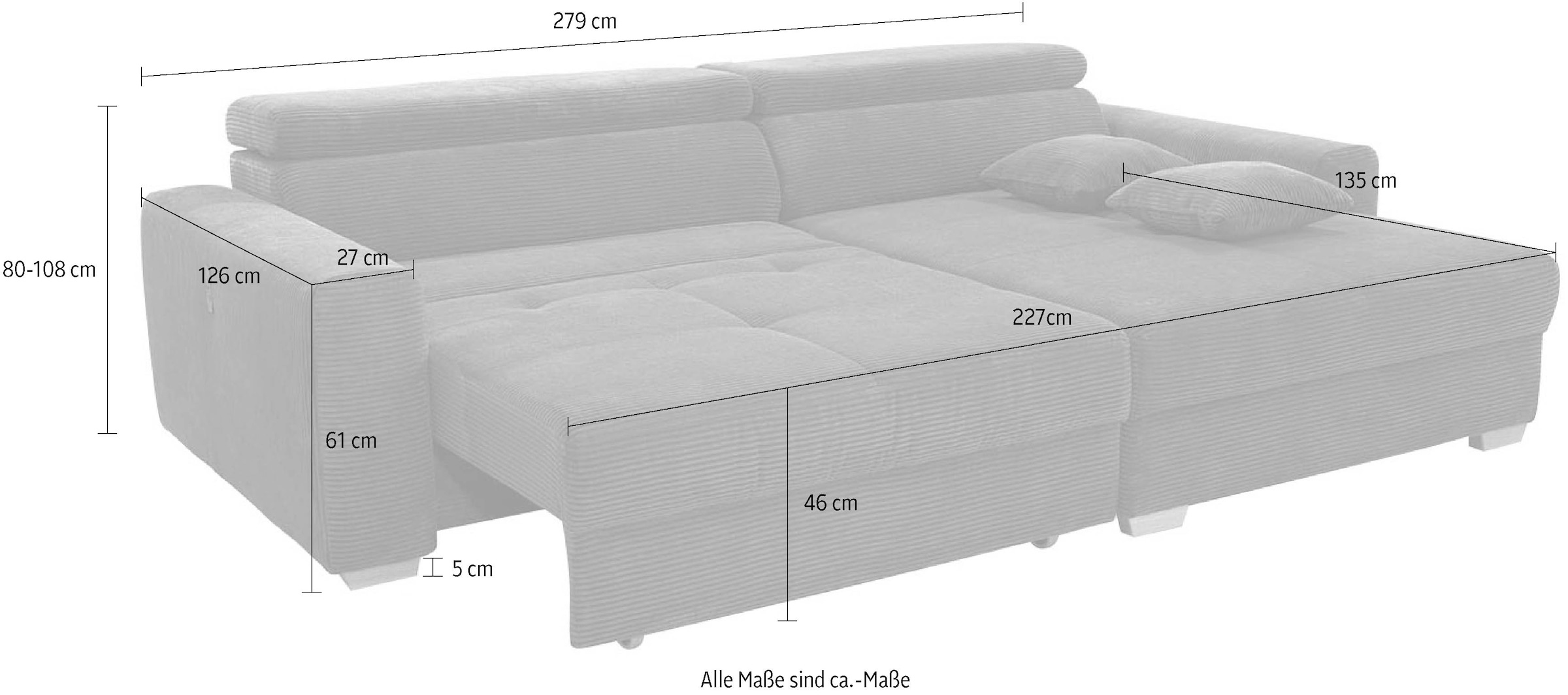 Jockenhöfer Gruppe Ecksofa »Slider L-Form, B: 277 cm Couch, 60cm elektrische Sitztiefenverstellung« 140kg Belastbarkeit, USB-Anschluss, Kopfteilverstellung & Zierkissen