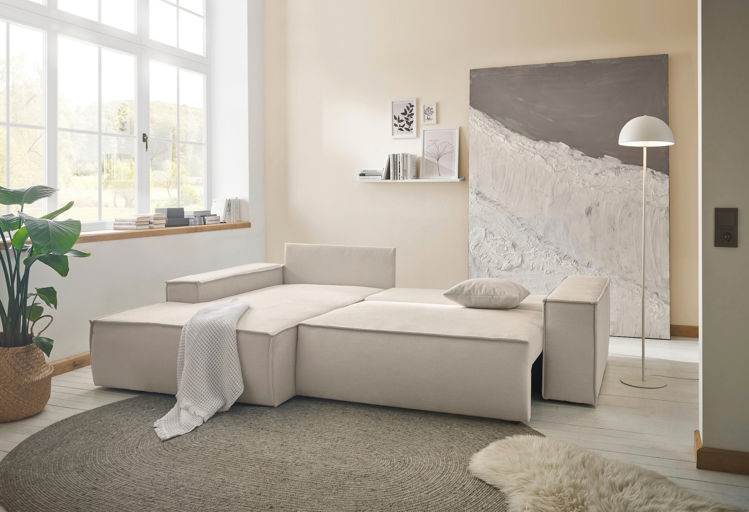 andas Canapé d'angle »FINNLEY Schlafsofa 267 cm, L-Form mit Schlaffunktion & Bettkasten« verfügbar in den Stoffqualitäten Bouclé, Struktur fein und Mega Cord