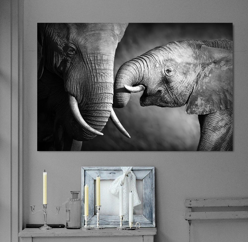 queence Leinwandbild »Elefant«, Elefant-Schwarz-Weiss-Elefanten-Gruppen & Familien-Elefanten Bilder, Premium-Leinwandstoff, Handarbeit aus Deutschland, 60x40cm
