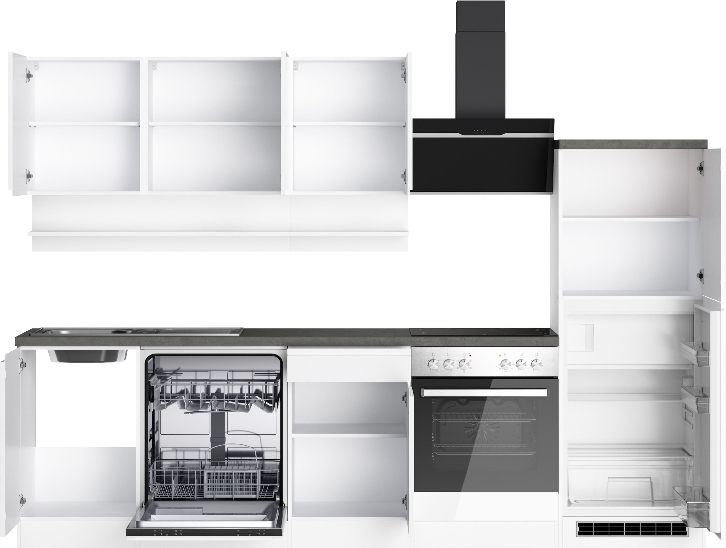 KOCHSTATION Kitchenette »KS-Virginia,neu in verbesserter Ausführung« plan de travail épaisseur 38 mm, rangement, fermeture douce,  Largeur 280 cm, fermeture douce, avec ou sans appareils électriques
